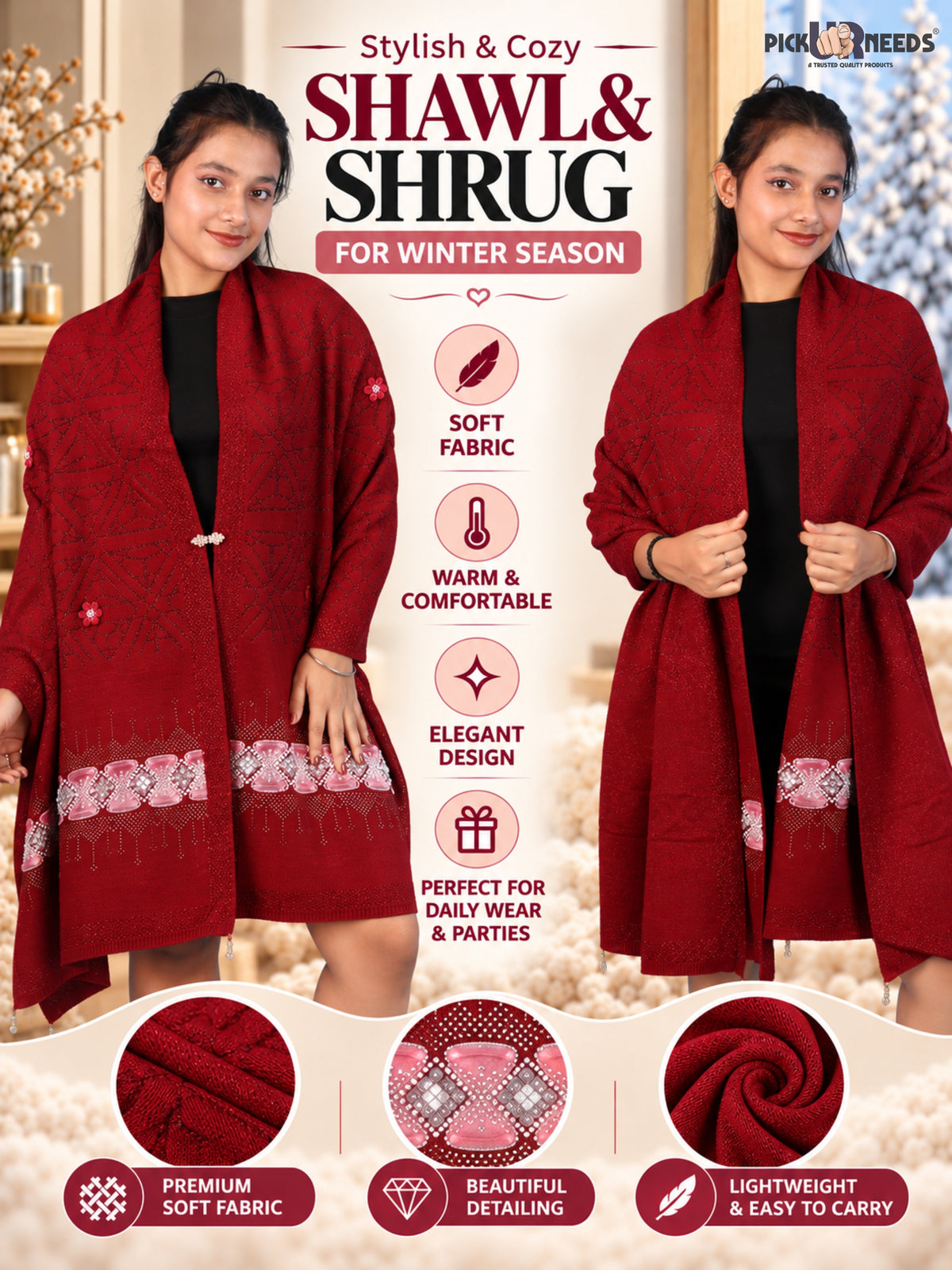 Pick Ur Needs Womens Soft Woolen Winter Girls Shawl with Elegant Geometric Design & Floral Embellishments Lightweight Warm Comfortable Ladies Shawl