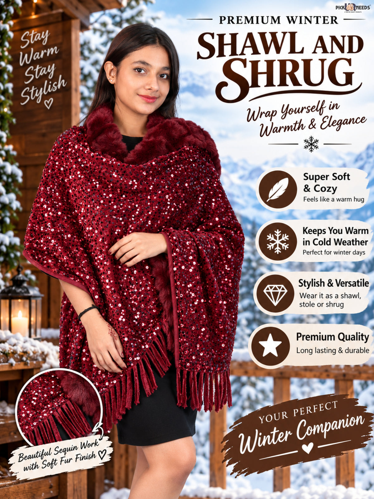 Pick Ur Needs Premium Winter Women Shawl with Shimmering Sequin Work & Soft Fur Border Elegant Warm Designer Shawls with Fringe Tassels for Ladies & Girls