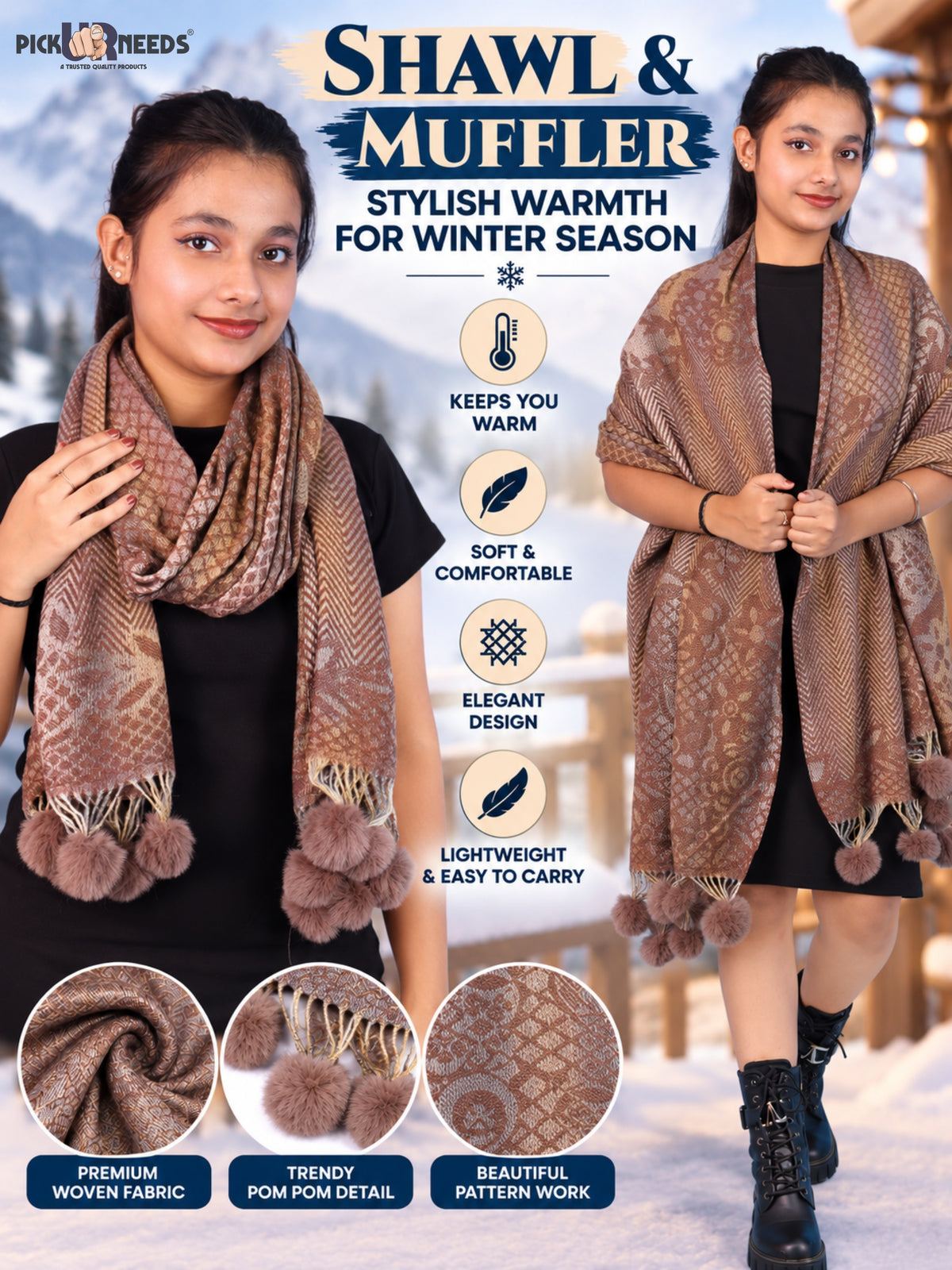 Pick Ur Needs Soft Woolen Designer Winter Shawl with Beautiful Floral Pattern & Pom Pom Tassels For Girls & Womens