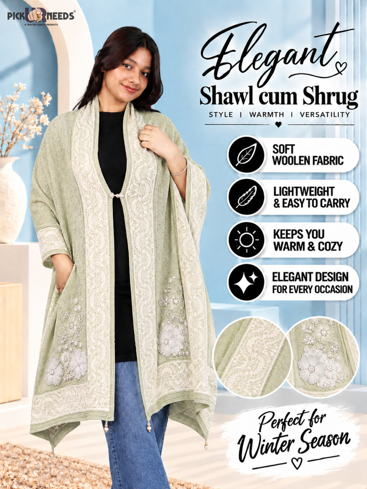 Pick Ur Needs Winter Woolen Womens Open Front Stylish Shrug with Elegant Floral Embroidery & Designer Border Soft Warm for Ladies & Girls