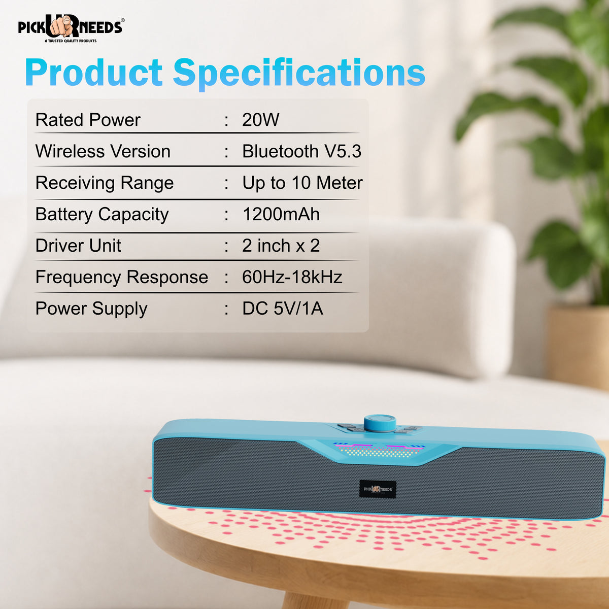 Pick Ur Needs Rechargeable Wireless Bluetooth Soundbar Speaker 20W with Dynamic RGB Lights Portable Sound Bar 1200mAh Battery