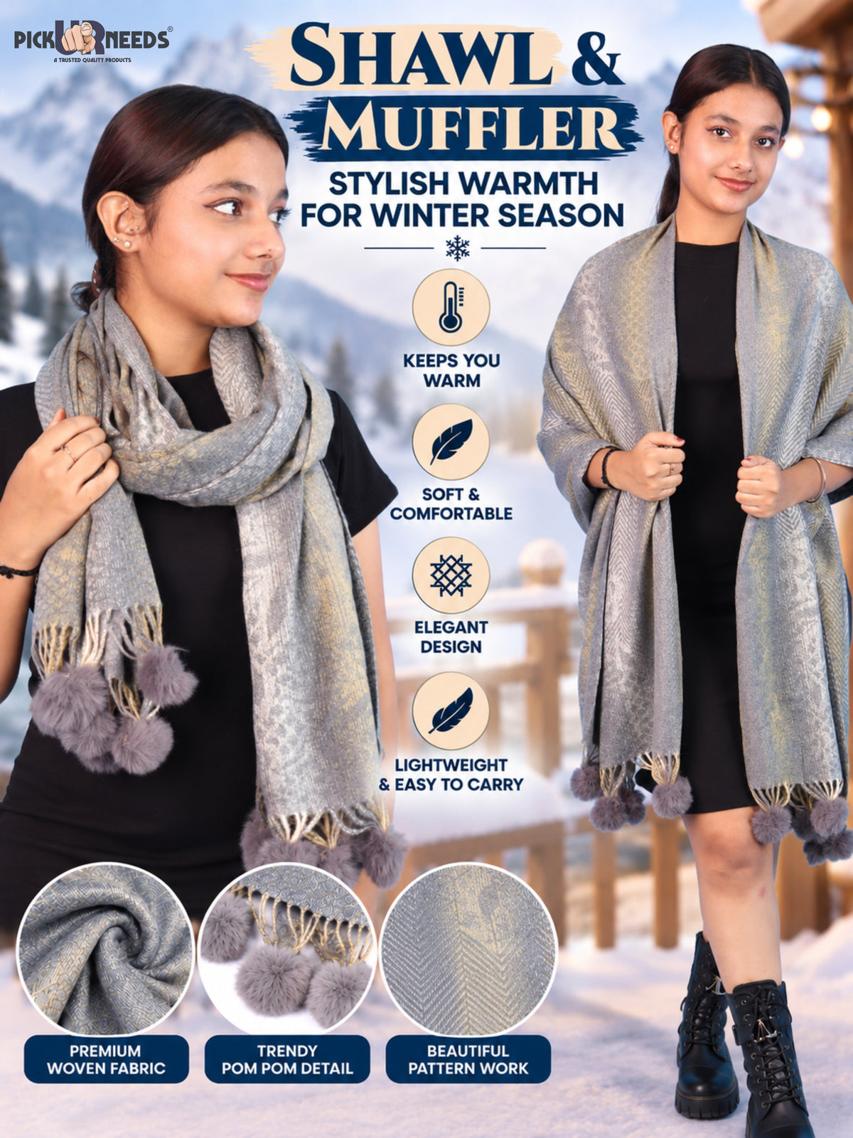 Pick Ur Needs Soft Woolen Designer Winter Shawl with Beautiful Floral Pattern & Pom Pom Tassels For Girls & Womens