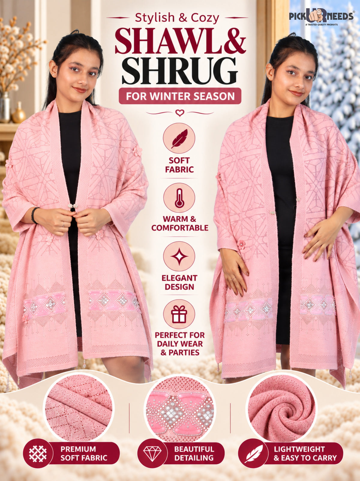 Pick Ur Needs Womens Soft Woolen Winter Girls Shawl with Elegant Geometric Design & Floral Embellishments Lightweight Warm Comfortable Ladies Shawl