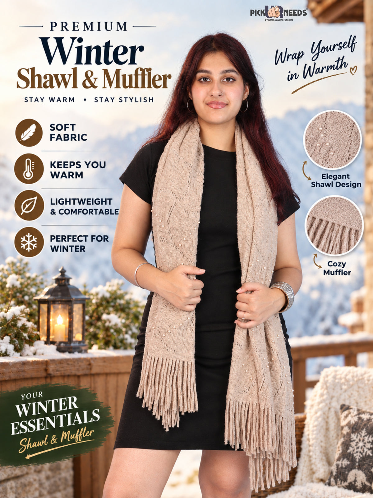 Pick Ur Needs Women & Girls Winter Warm Woolen Shawl Stole with Pearl Work & Fringes – Soft Stylish Wrap