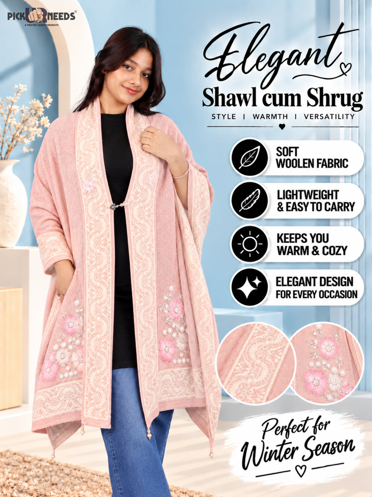 Pick Ur Needs Winter Woolen Womens Open Front Stylish Shrug with Elegant Floral Embroidery & Designer Border Soft Warm for Ladies & Girls
