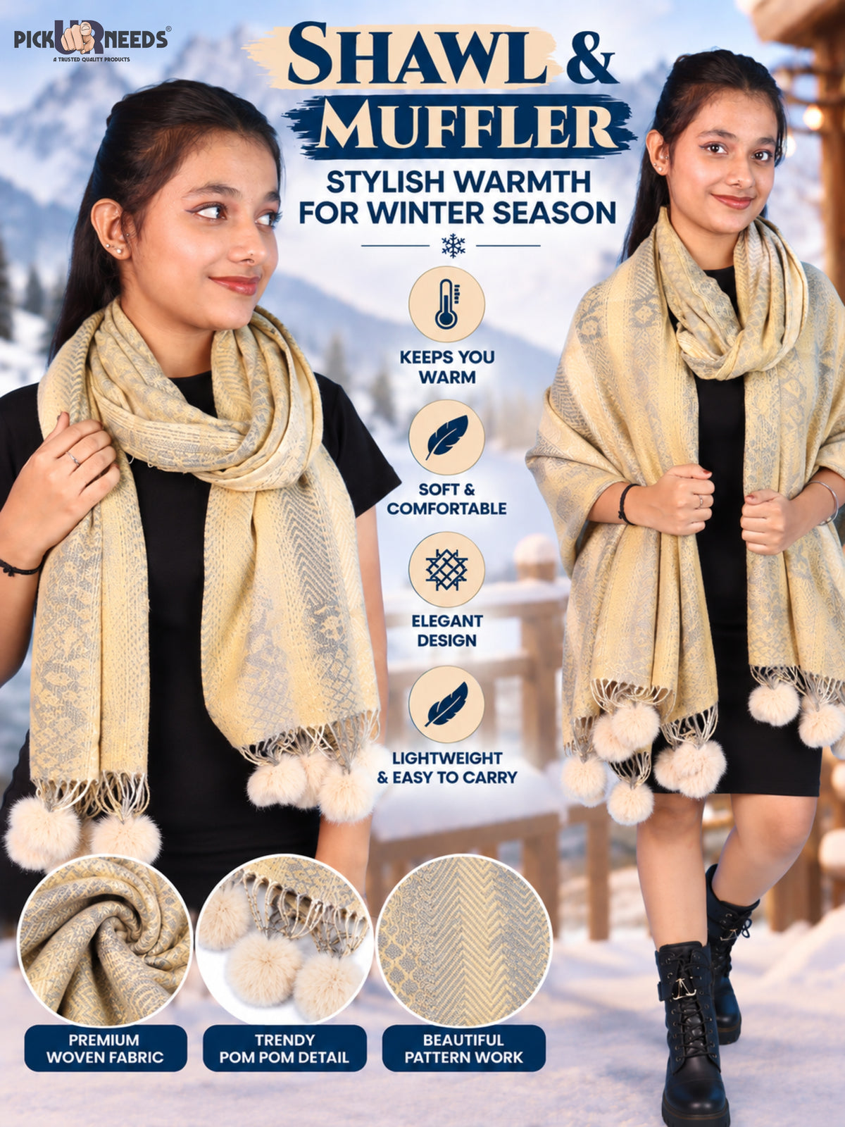 Pick Ur Needs Soft Woolen Designer Winter Shawl with Beautiful Floral Pattern & Pom Pom Tassels For Girls & Womens