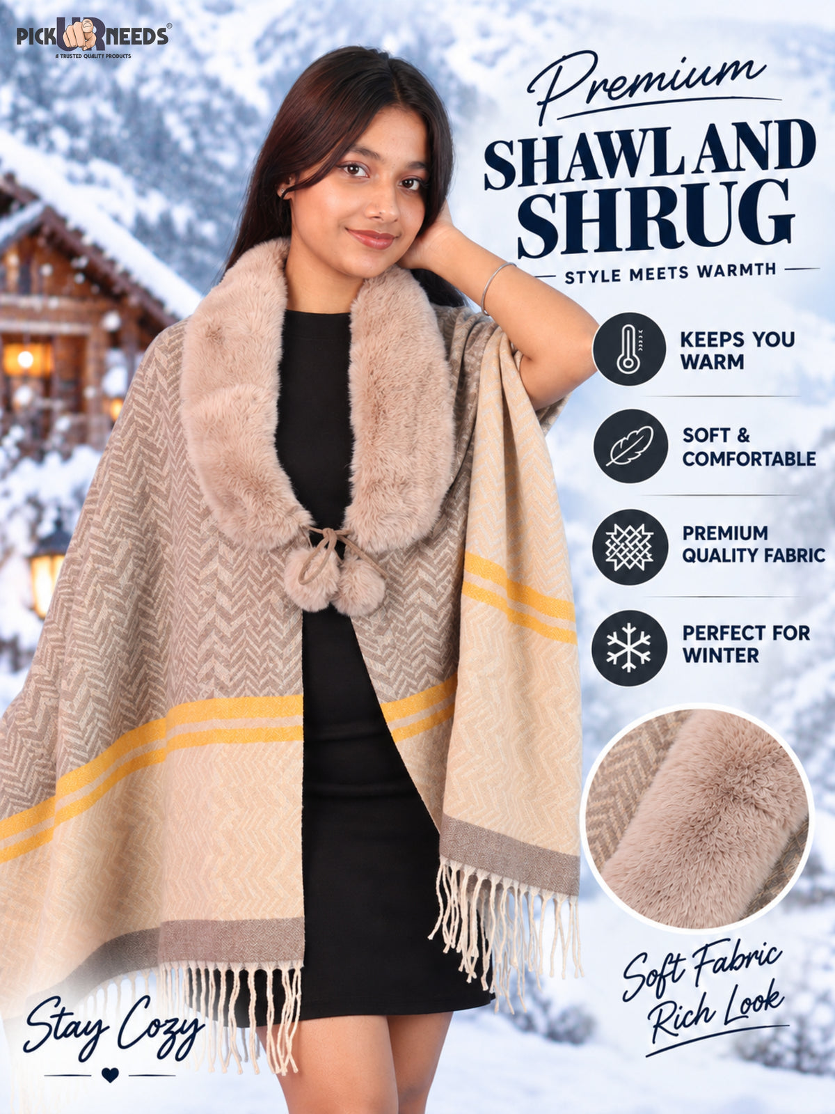 Pick Ur Needs Womens & Girls Designer Winter Shawl with Plush Fur Neckline & Patterned Border Soft Cozy Ladies Shoulder Wrap with Fringed Edges & Pom Pom Tassels