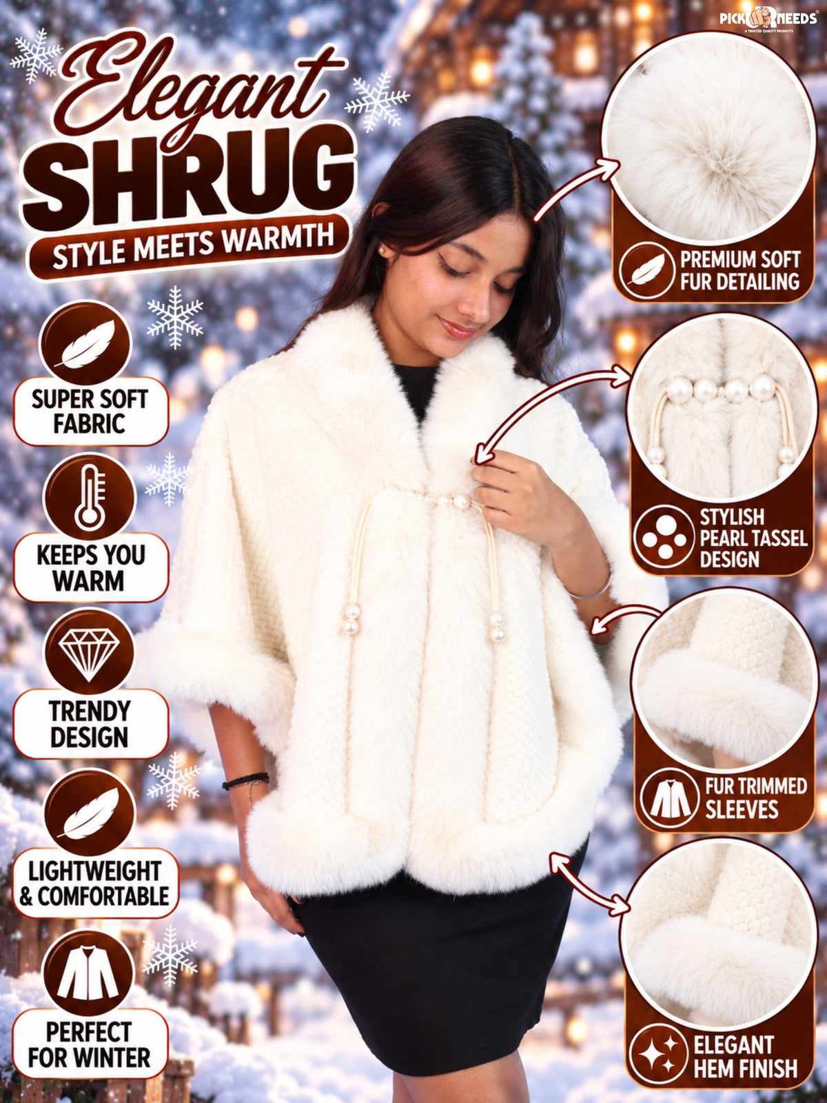 Pick Ur Needs Ladies Winter Shrug with Plush Fur Style Border & Pearl Bead Accents Textured Soft Fabric Open Front Cape Poncho with Wide Sleeves for Girls & Women