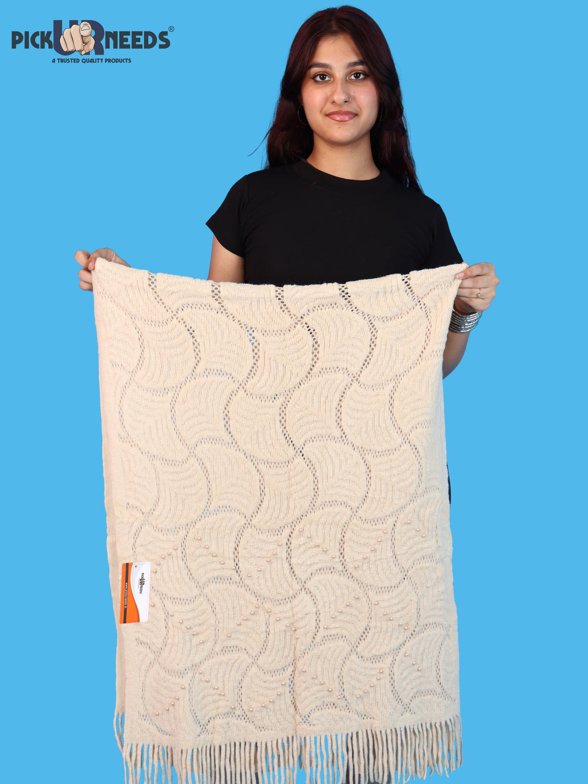 Pick Ur Needs Women & Girls Winter Warm Woolen Shawl Stole with Pearl Work & Fringes – Soft Stylish Wrap