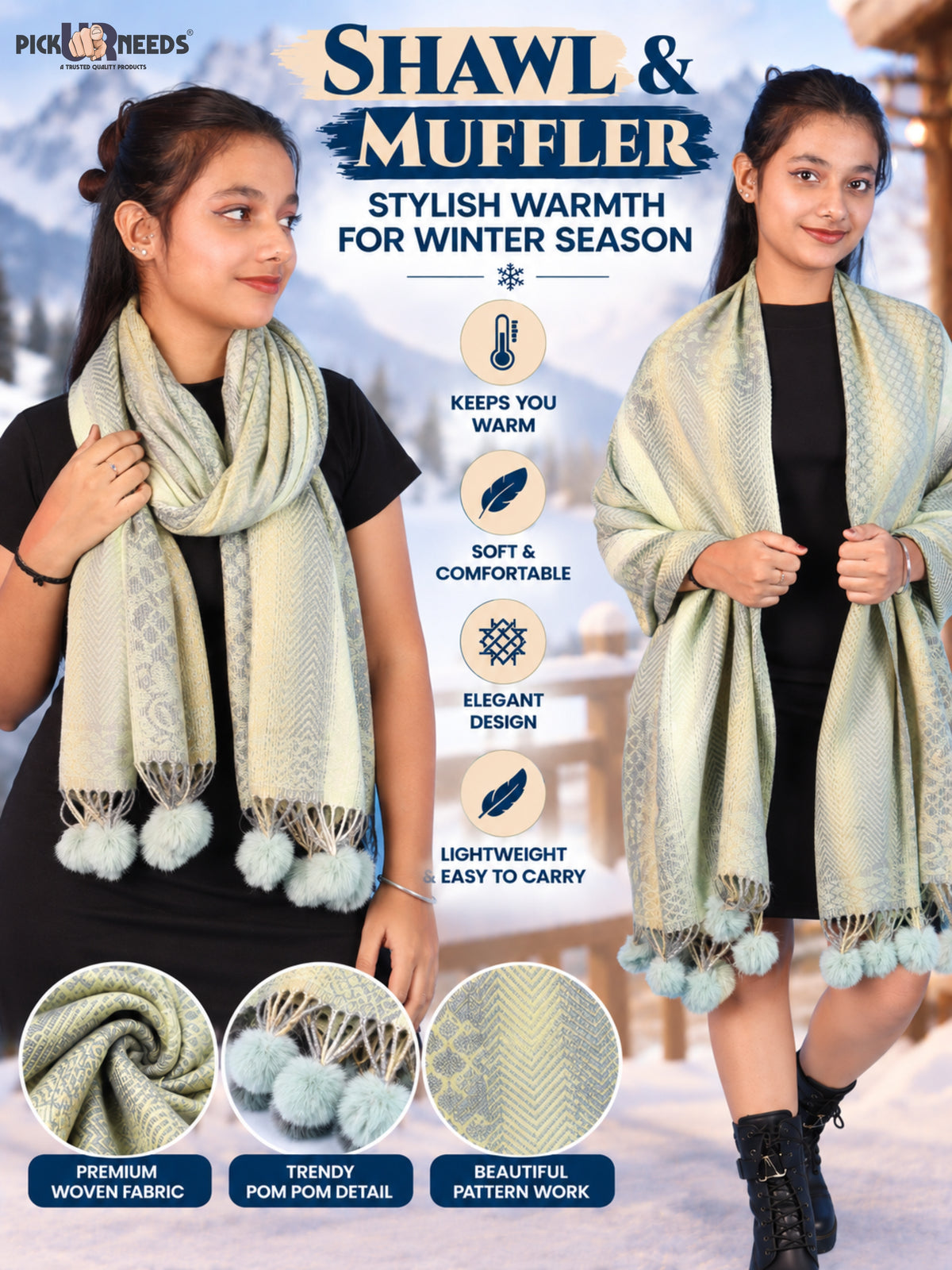 Pick Ur Needs Soft Woolen Designer Winter Shawl with Beautiful Floral Pattern & Pom Pom Tassels For Girls & Womens