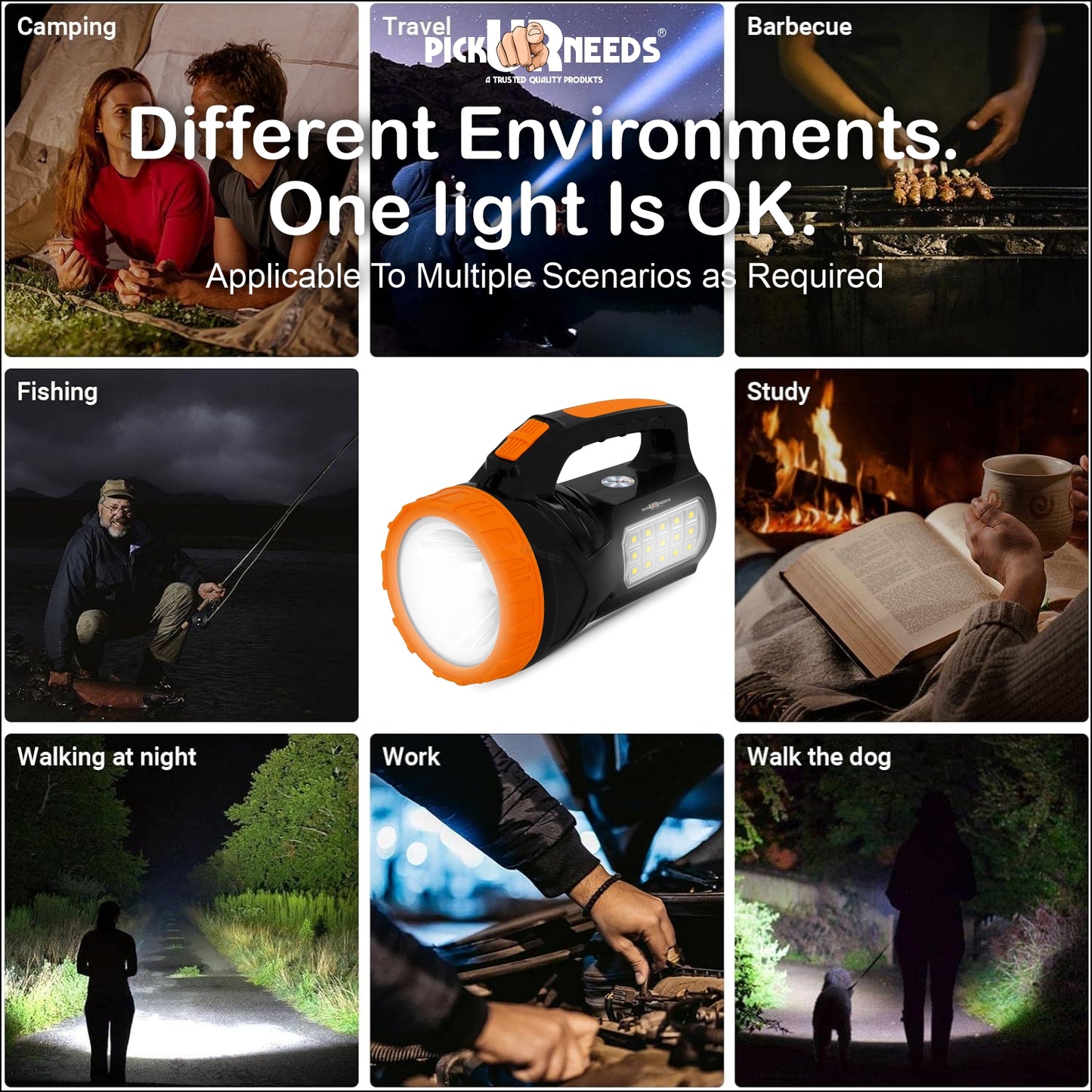 Pick Ur Needs 50W Emergency Long Range Rechargeable Search Laser with 15 SMD Bright 8 hrs Torch Emergency Light (Orange, Black)