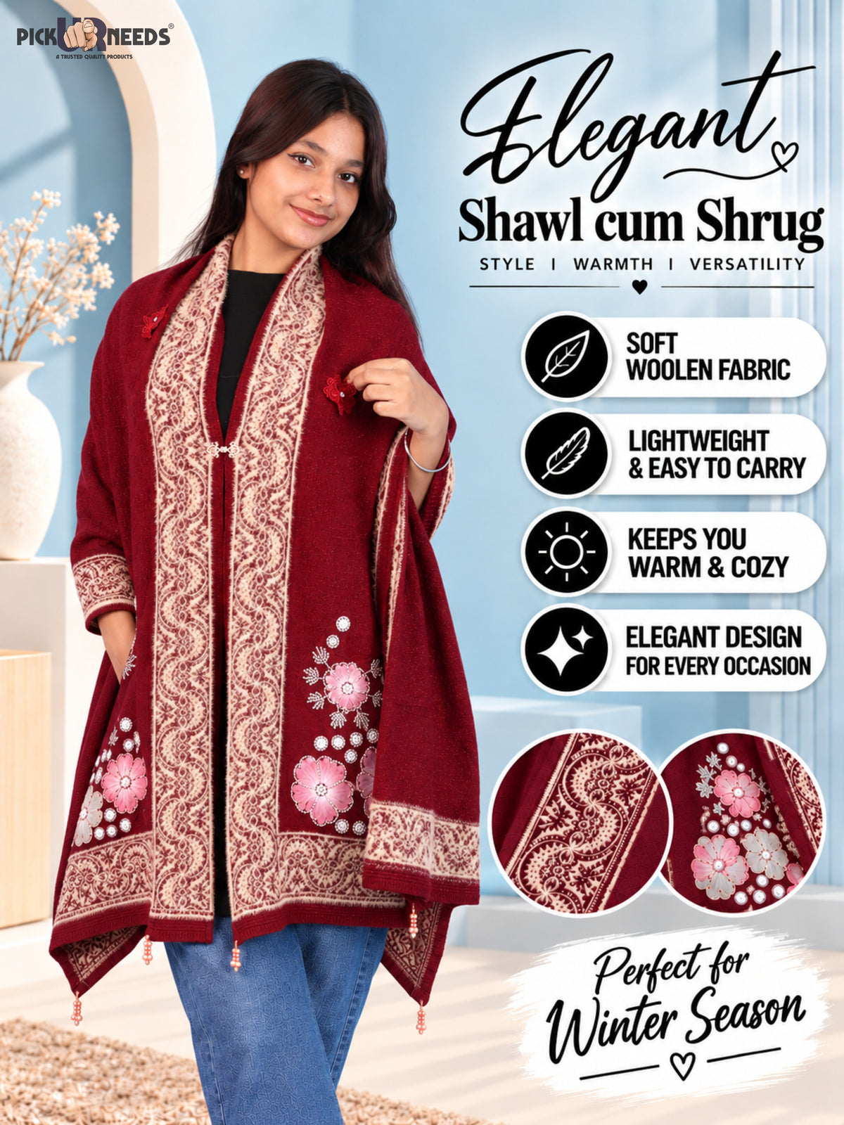 Pick Ur Needs Winter Woolen Womens Open Front Stylish Shrug with Elegant Floral Embroidery & Designer Border Soft Warm for Ladies & Girls
