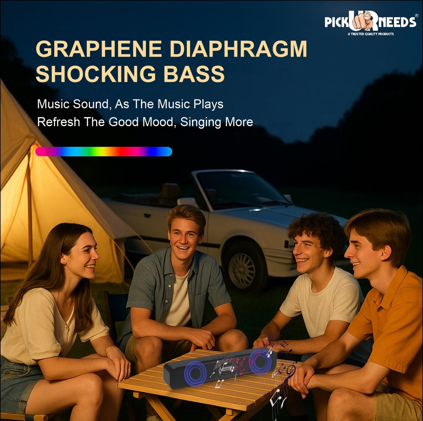 Pick Ur Needs Portable Bluetooth Wireless Soundbar Party Speaker 10W, Heavy Bass, TWS, 5H Playtime, Multi-Connectivity (USB/SD/FM/AUX)