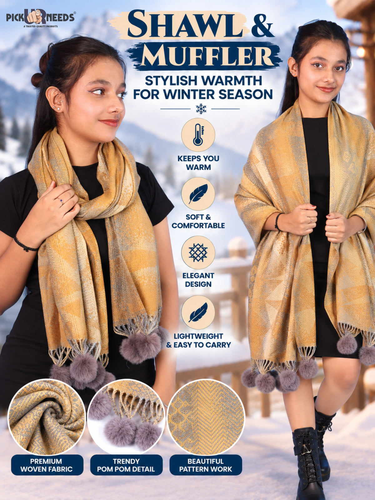 Pick Ur Needs Soft Woolen Designer Winter Shawl with Beautiful Floral Pattern & Pom Pom Tassels For Girls & Womens