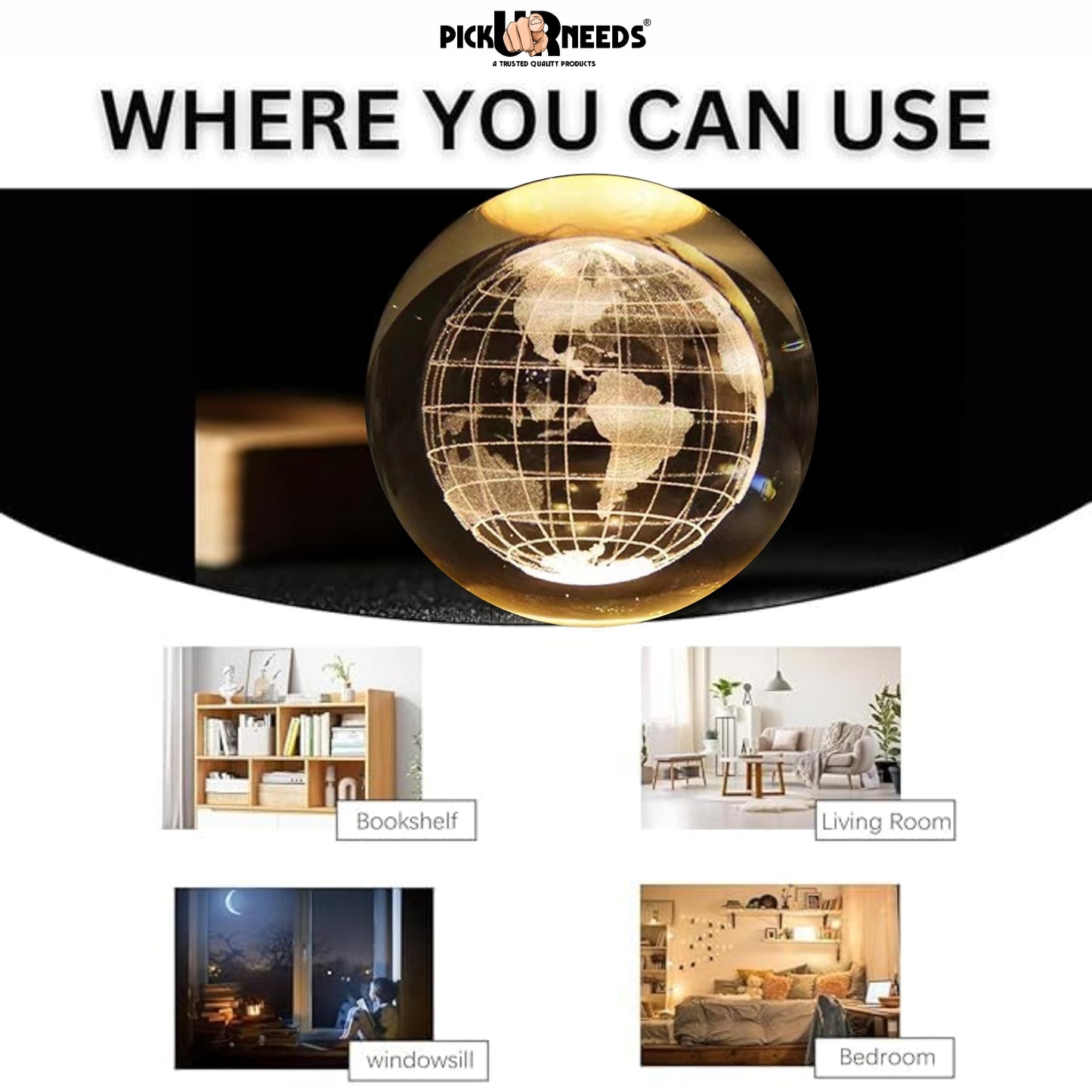 Pick Ur Needs 3D Galaxy Laxmi Ganesh Crystal Ball Night Light– Beech Wood Base– Decor for Home Night Lamp  (9.5 cm, Gold)