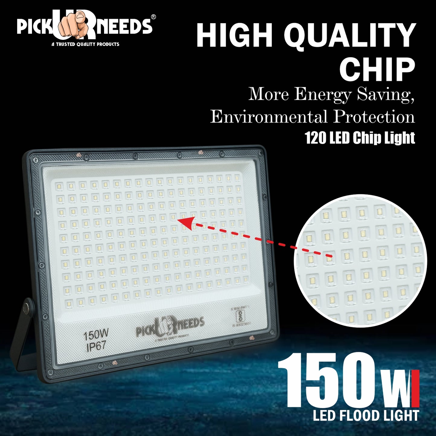 Pick Ur Needs 150W Lens Flood Light With Extension Bracket 180 Bright SMD LED IP67 Waterproof 0 hrs Flood Lamp Emergency Light  (White) Pack of 3