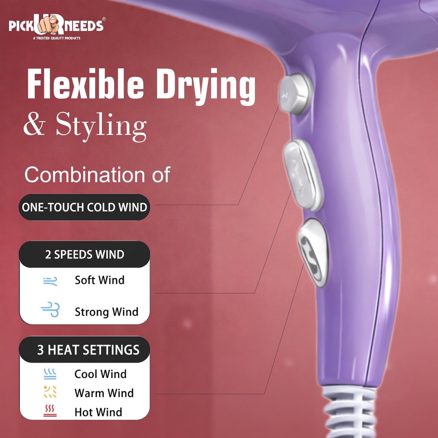Pick Ur Needs Hair Dryer for Women & Men Quick Dry Hot and Cold Air Low Noise Dryer Hair Dryer