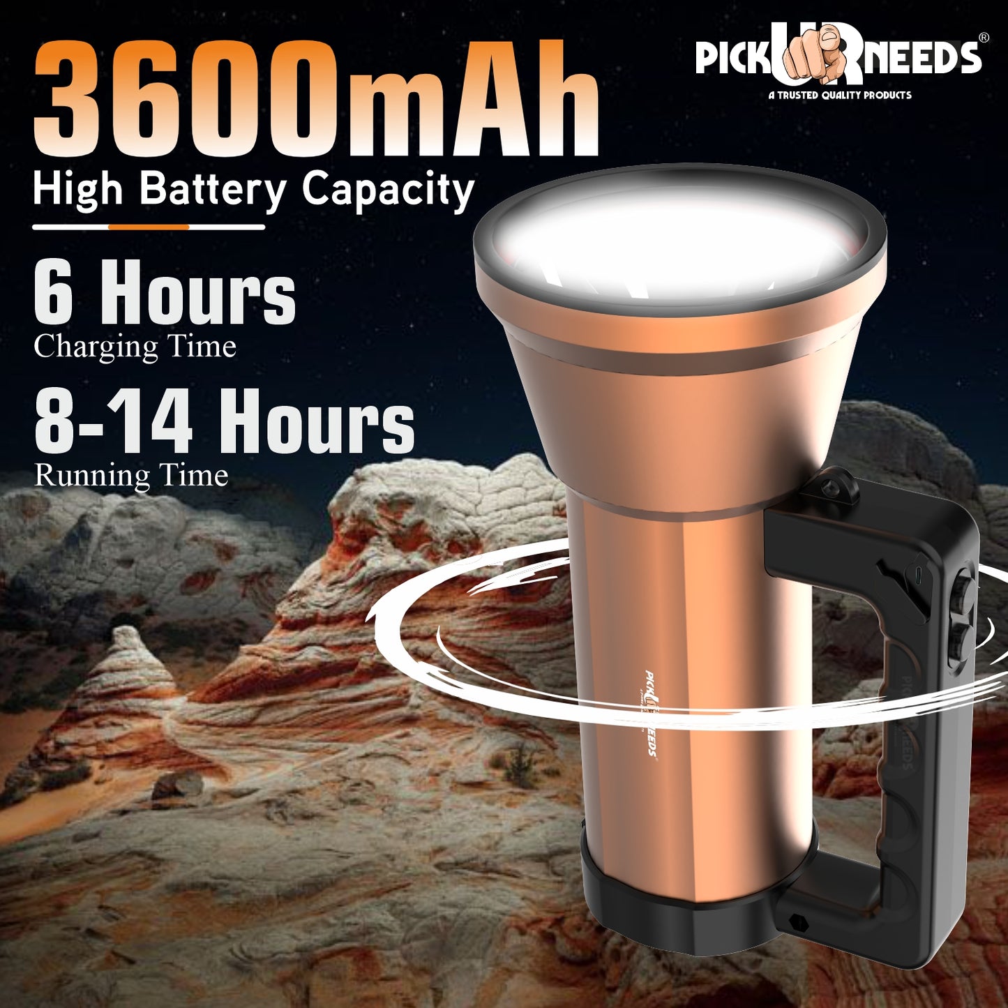 Pick Ur Needs Rechargeable LED Outdoor Torch 200 Watt Laser Light 3600mAh Battery Metal Body 5 hrs Torch Emergency Light