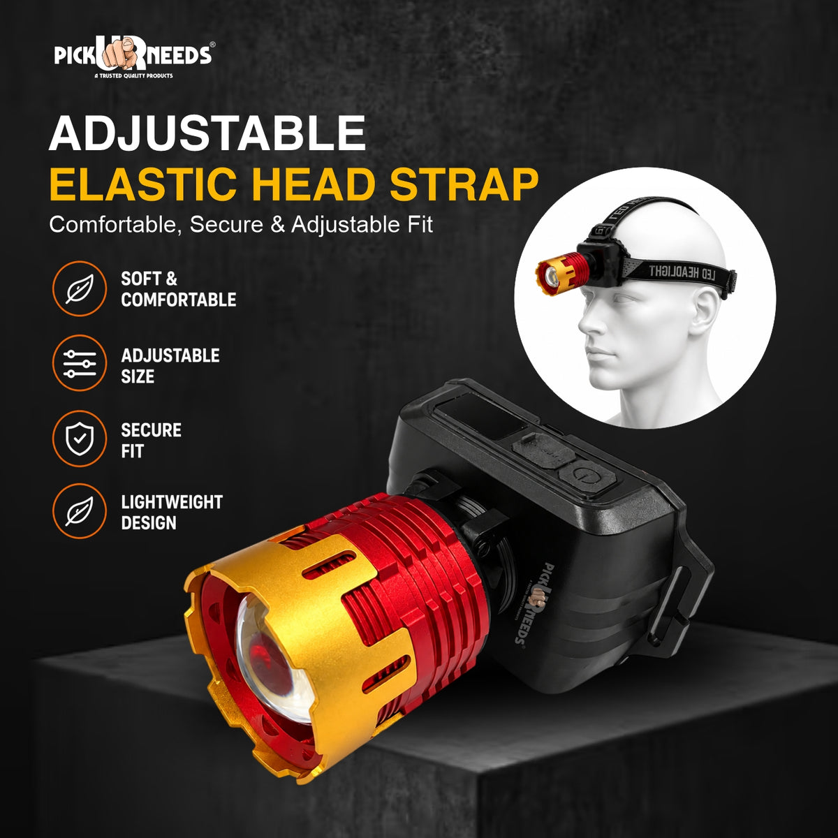 Pick Ur Needs 200W Rechargeable LED Headlamp Torch with Adjustable Elastic Head Strap 10 hrs Torch Emergency Light (Black, Red, Gold)