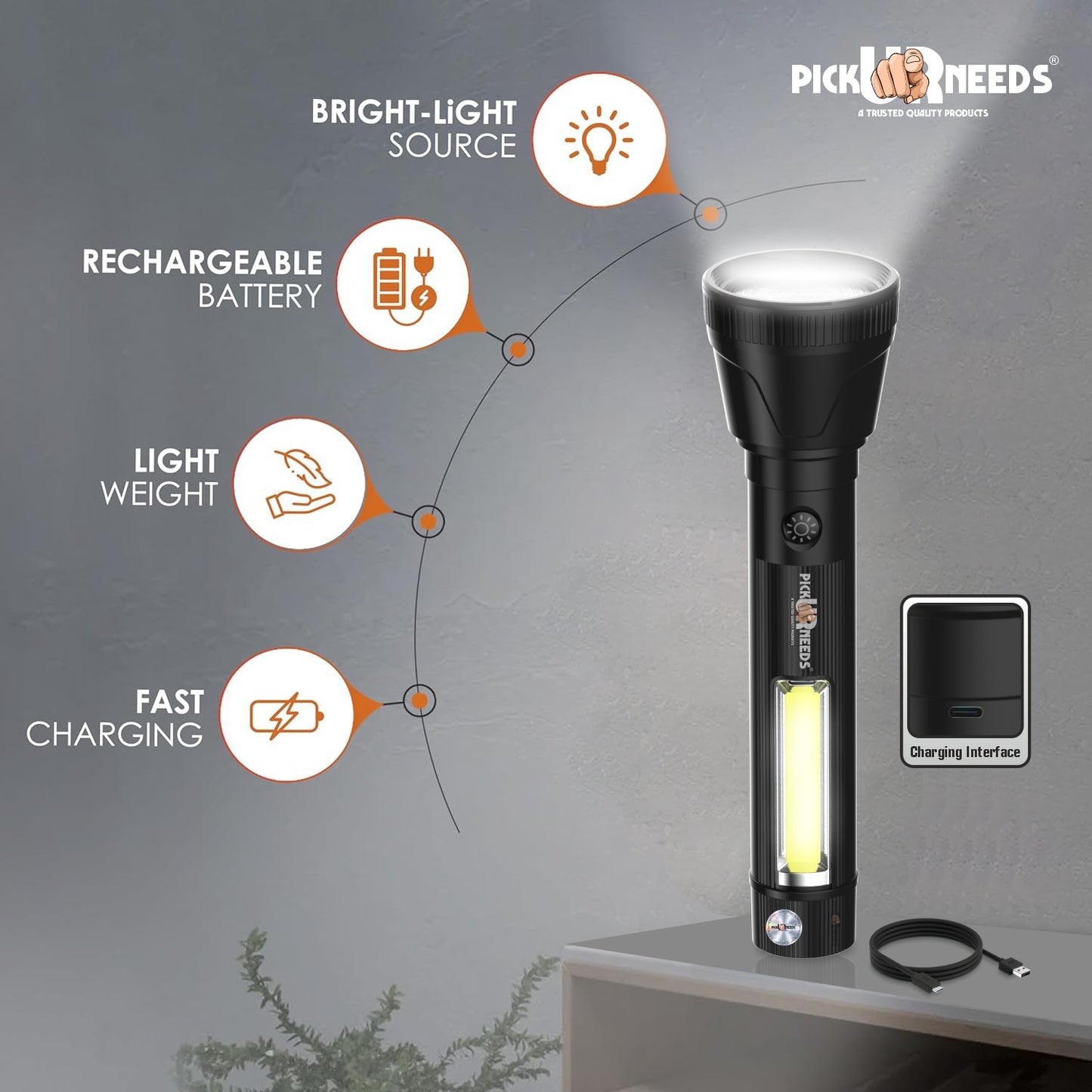 Pick Ur Needs Rechargeable 50W+Tube LED Torch Light With 3 Brightness Mode + C Type Charging 3 hrs Torch Emergency Light