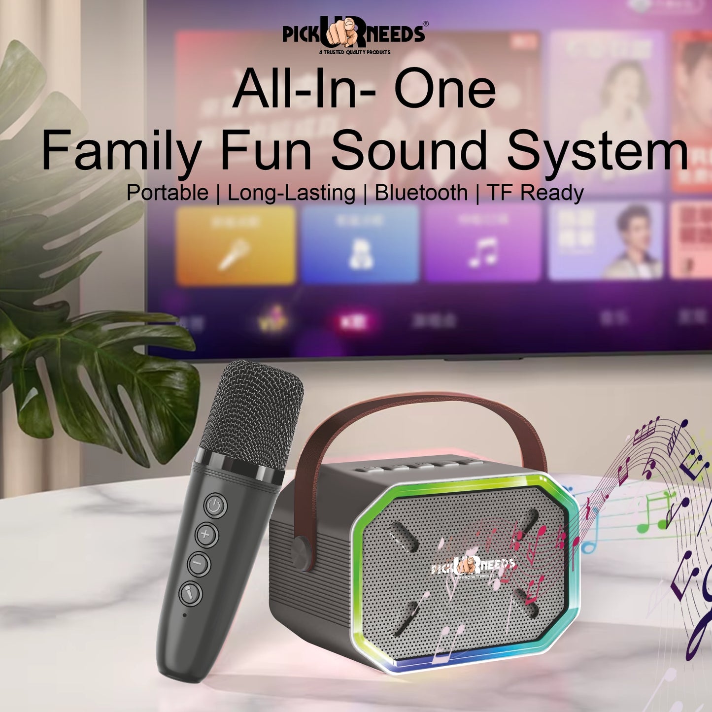 Pick Ur Needs 15W Portable Bluetooth Karaoke Speaker with Mic, 2000mAh Battery, Type-C Charging, RGB Lights, TF Card, Stereo Sound – Wireless Karaoke System (Black)