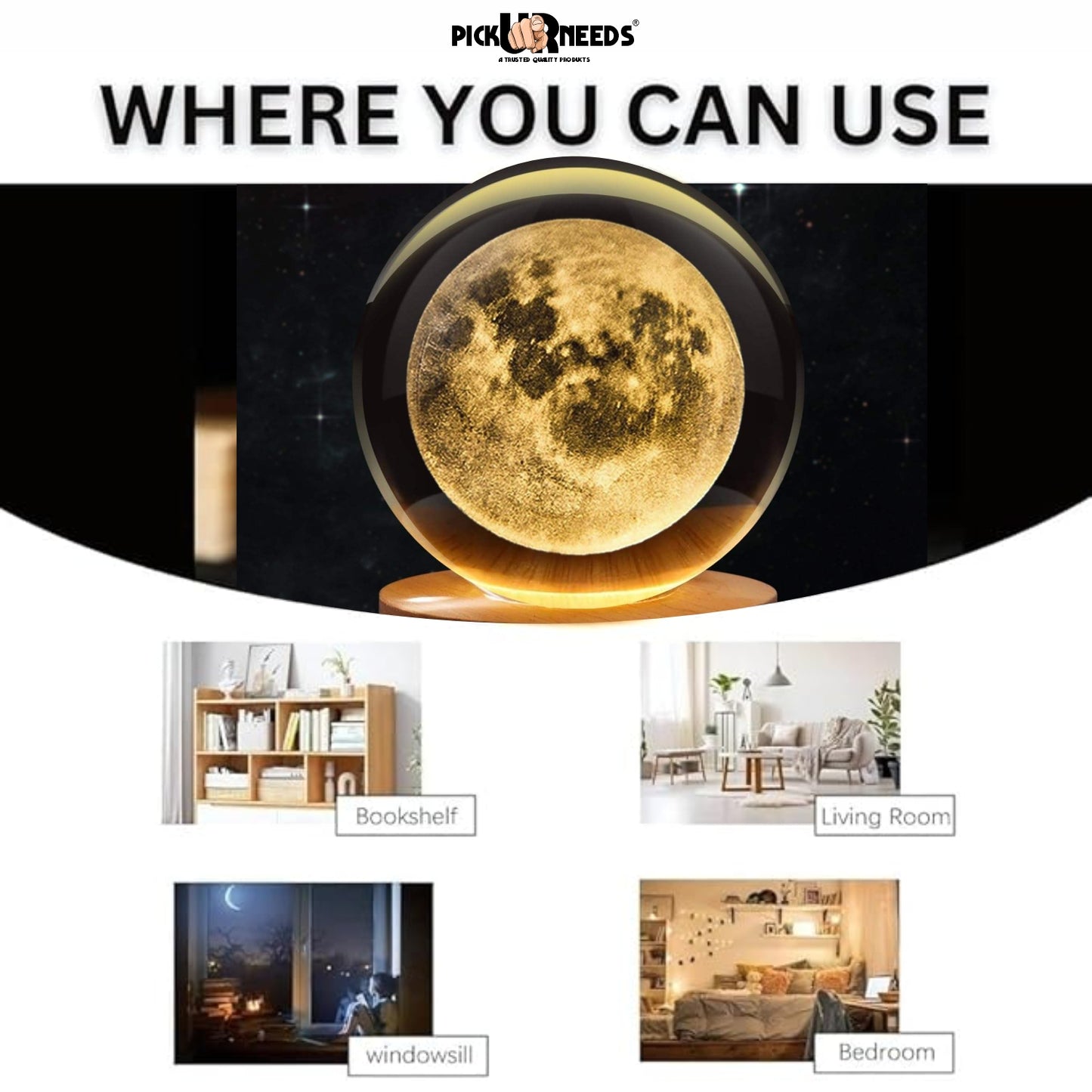 Pick Ur Needs 3D Galaxy Laxmi Ganesh Crystal Ball Night Light– Beech Wood Base– Decor for Home Night Lamp  (9.5 cm, Gold)