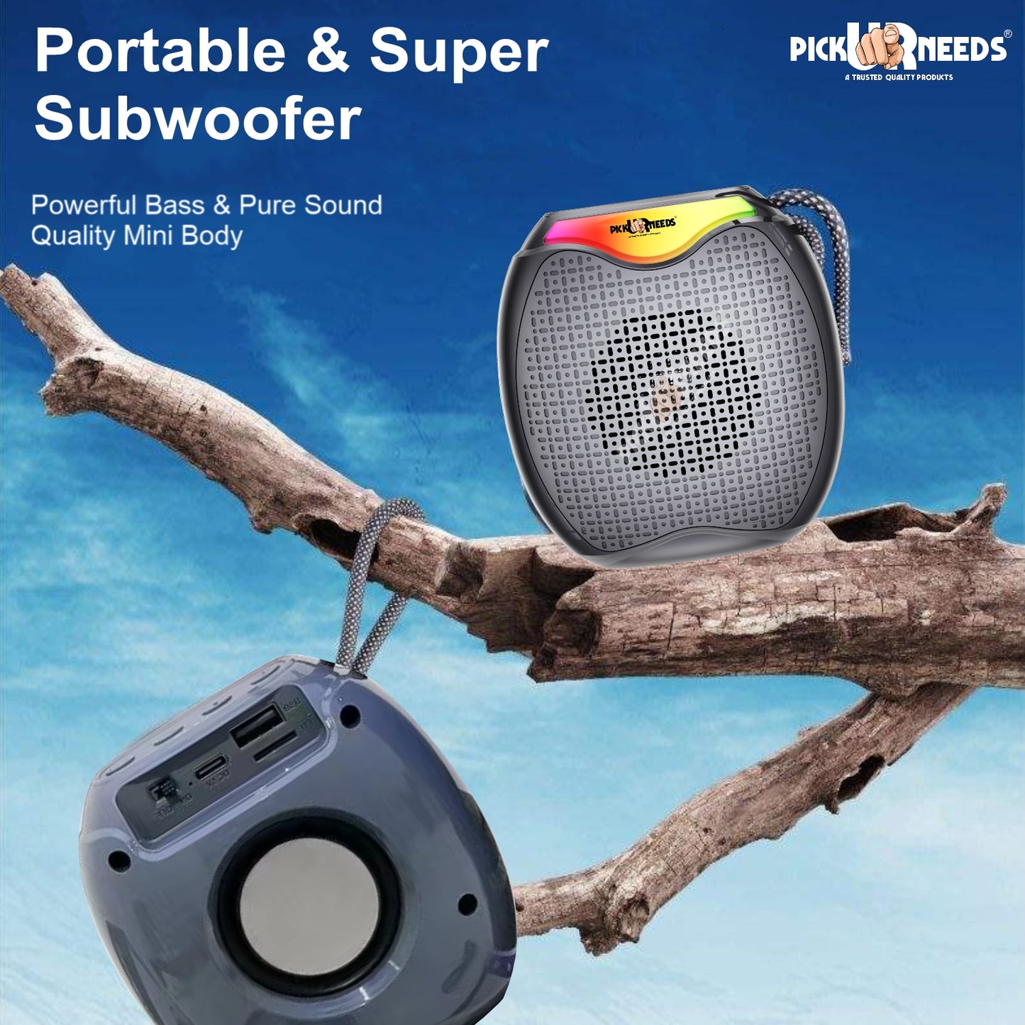 Pick Ur Needs 12W Portable Wireless Bluetooth Speaker with RGB Lights, 800mAh Battery, TWS, FM Radio, TF Card, USB 10m Wireless Transmission