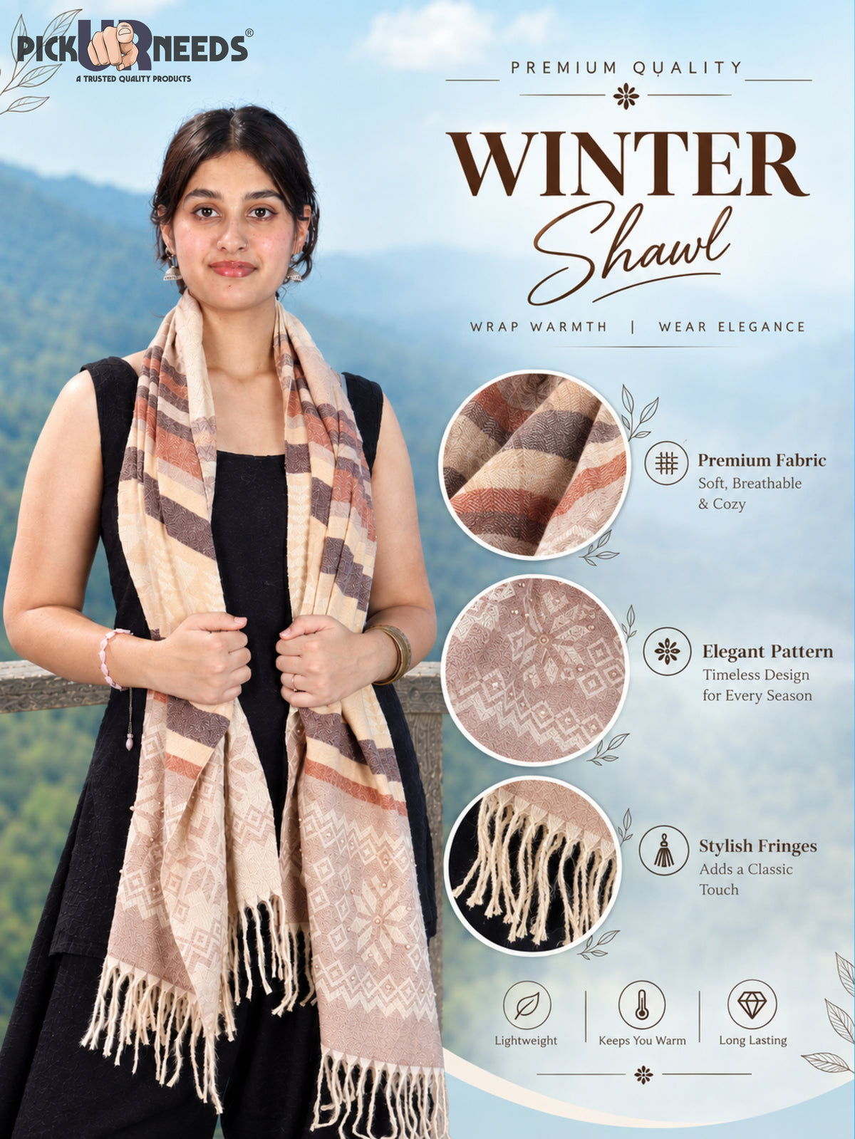 Pick Ur Needs Women Winter Shawl Stole – Soft Warm Printed Wrap with Decorative Tassels, Stylish Winter Girls Scarf