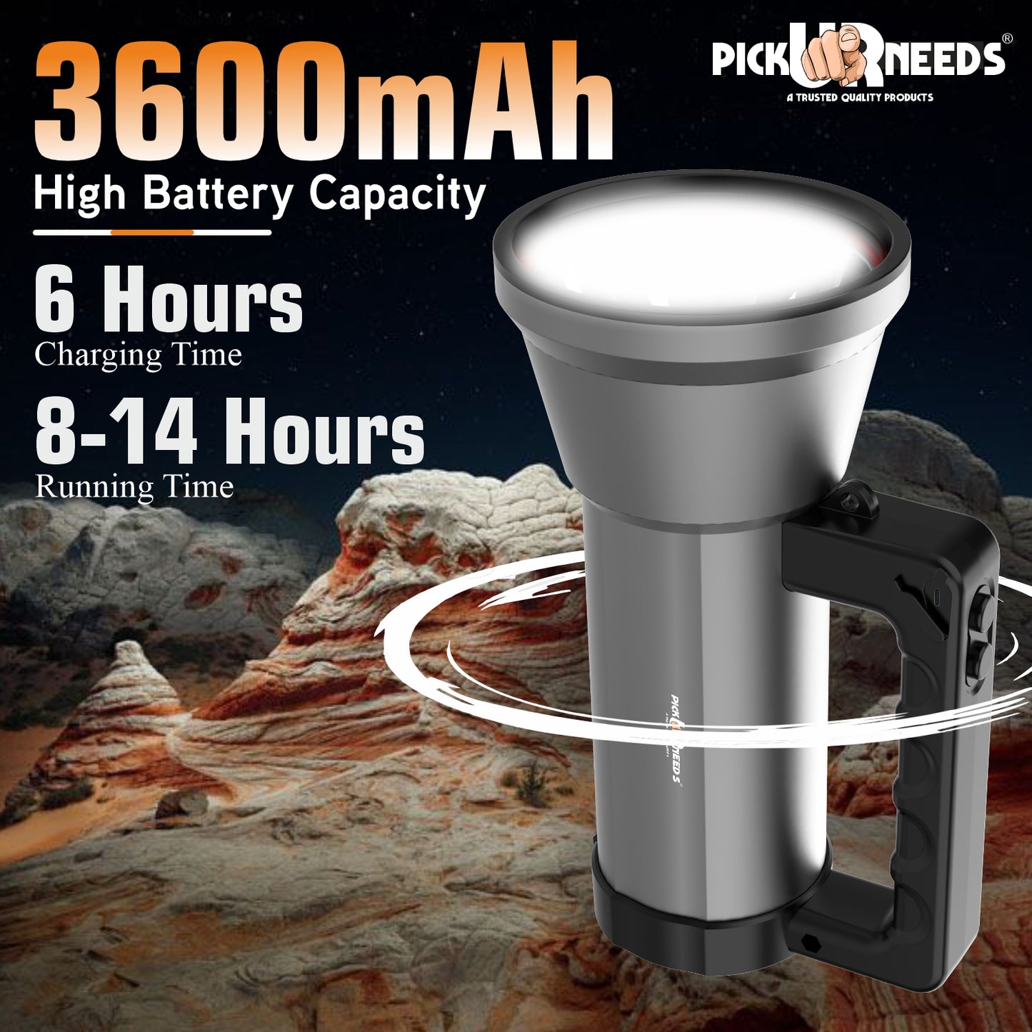 Pick Ur Needs Rechargeable LED Outdoor Torch 200 Watt Laser Light 3600mAh Battery Metal Body 5 hrs Torch Emergency Light