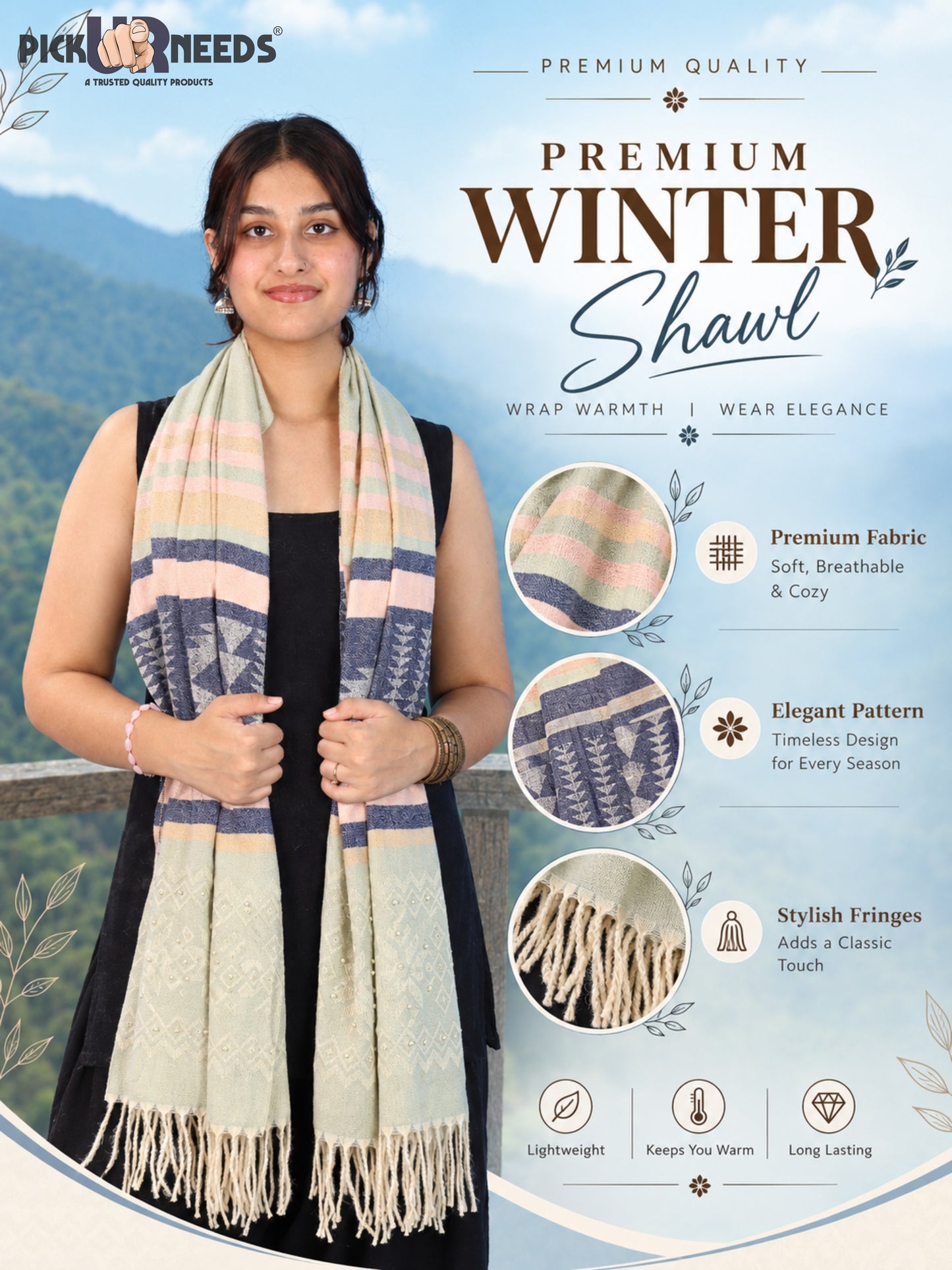 Pick Ur Needs Women Winter Shawl Stole – Soft Warm Printed Wrap with Decorative Tassels, Stylish Winter Girls Scarf