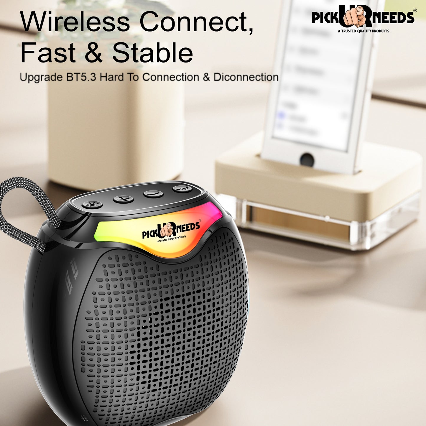 Pick Ur Needs 12W Portable Wireless Bluetooth Speaker with RGB Lights, 800mAh Battery, TWS, FM Radio, TF Card, USB 10m Wireless Transmission