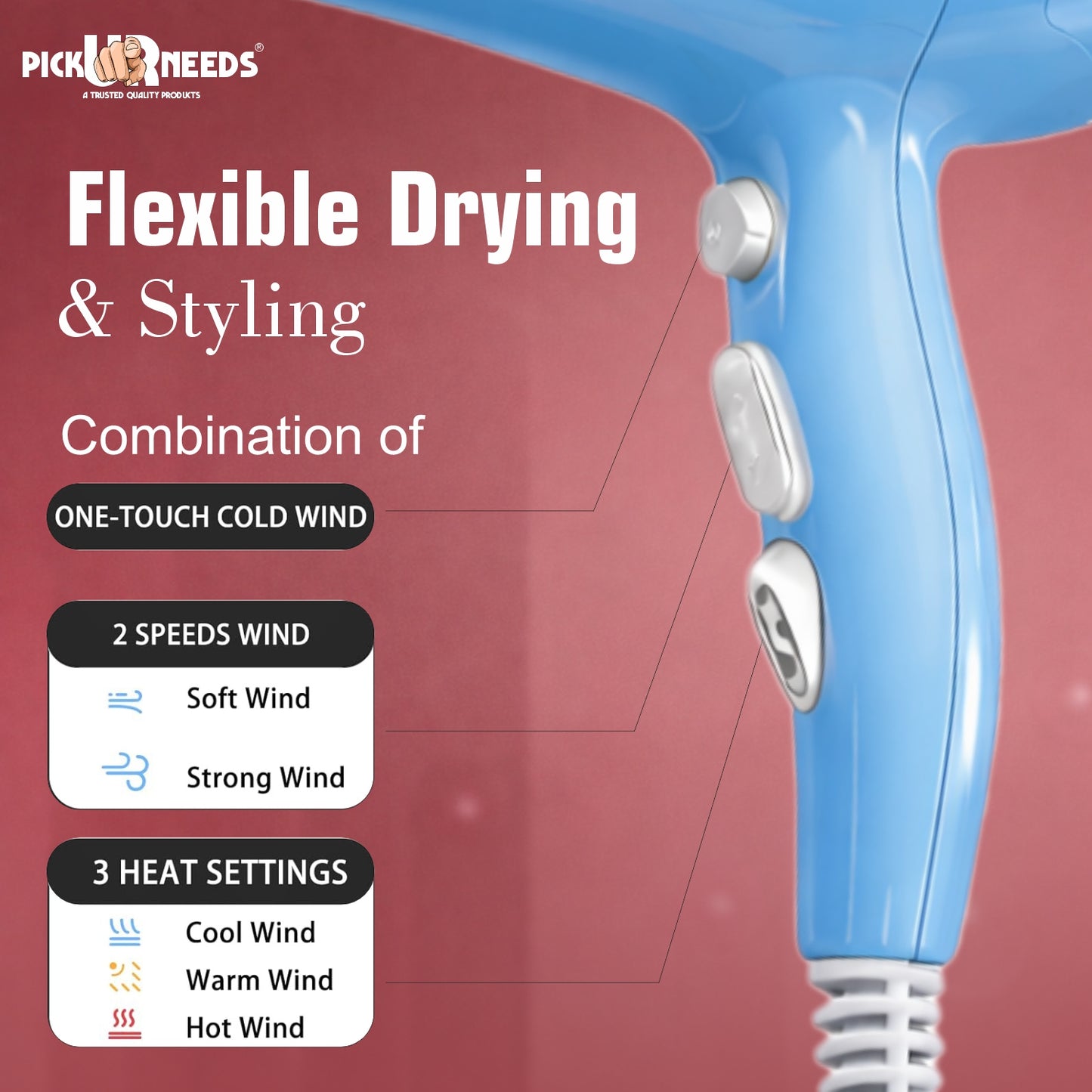 Pick Ur Needs Hair Dryer for Women & Men Quick Dry Hot and Cold Air Low Noise Dryer Hair Dryer