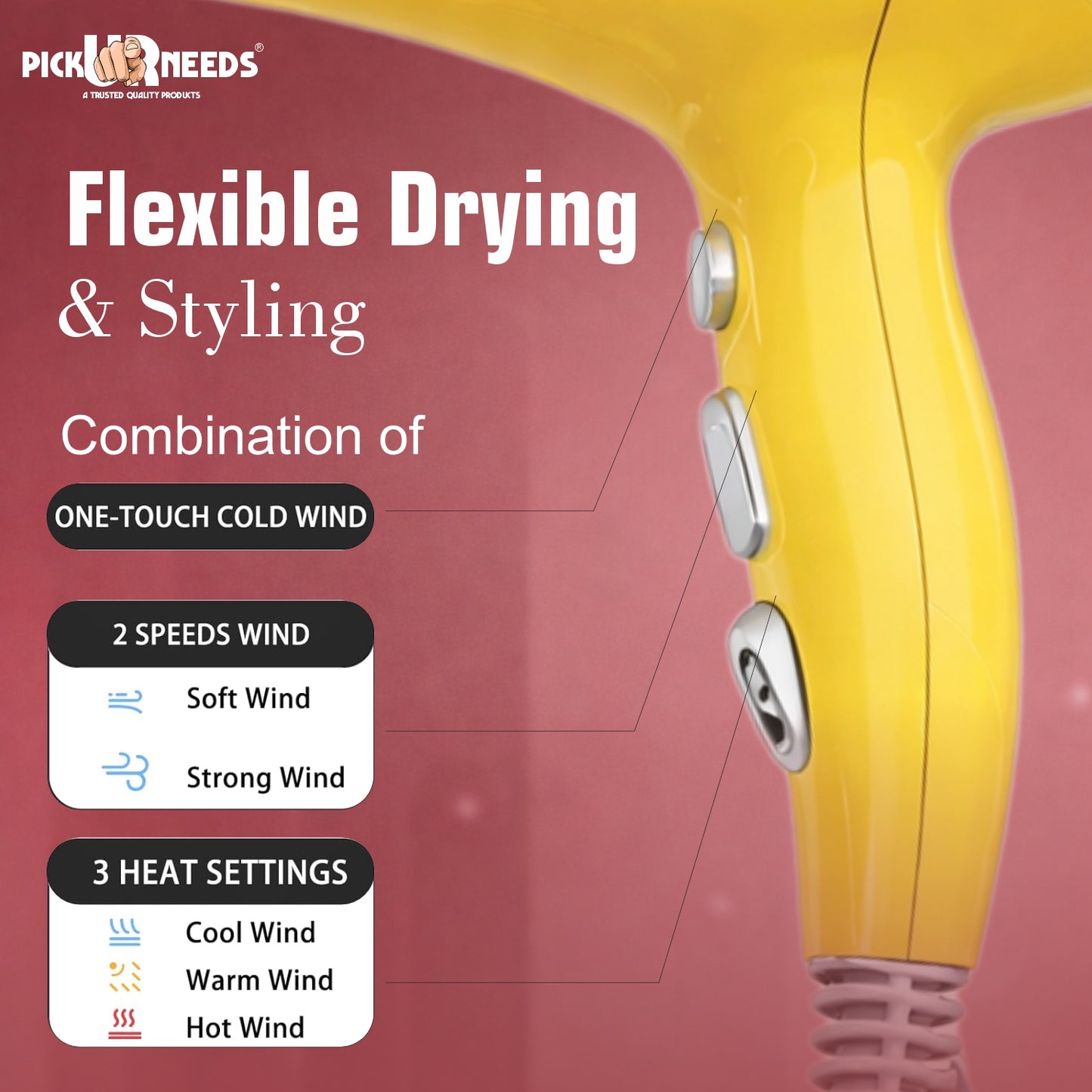 Pick Ur Needs Hair Dryer for Women & Men Quick Dry Hot and Cold Air Low Noise Dryer Hair Dryer