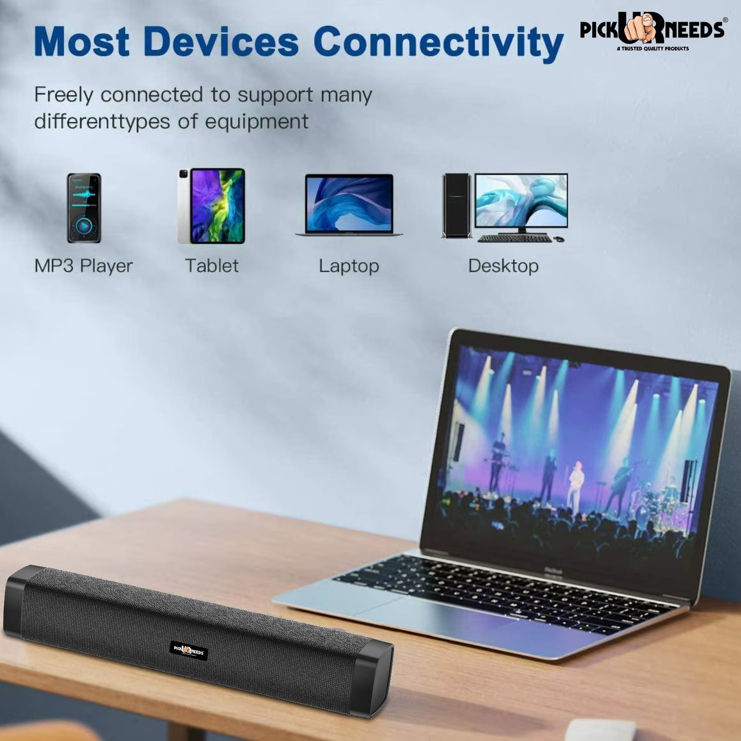 Pick Ur Needs Rechargeable 10W Wireless Bluetooth Soundbar Speaker with 1200mAh Battery, FM Radio, TF Card, USB & AUX Support – 4 Hours Playtime Home & Outdoor Speakers