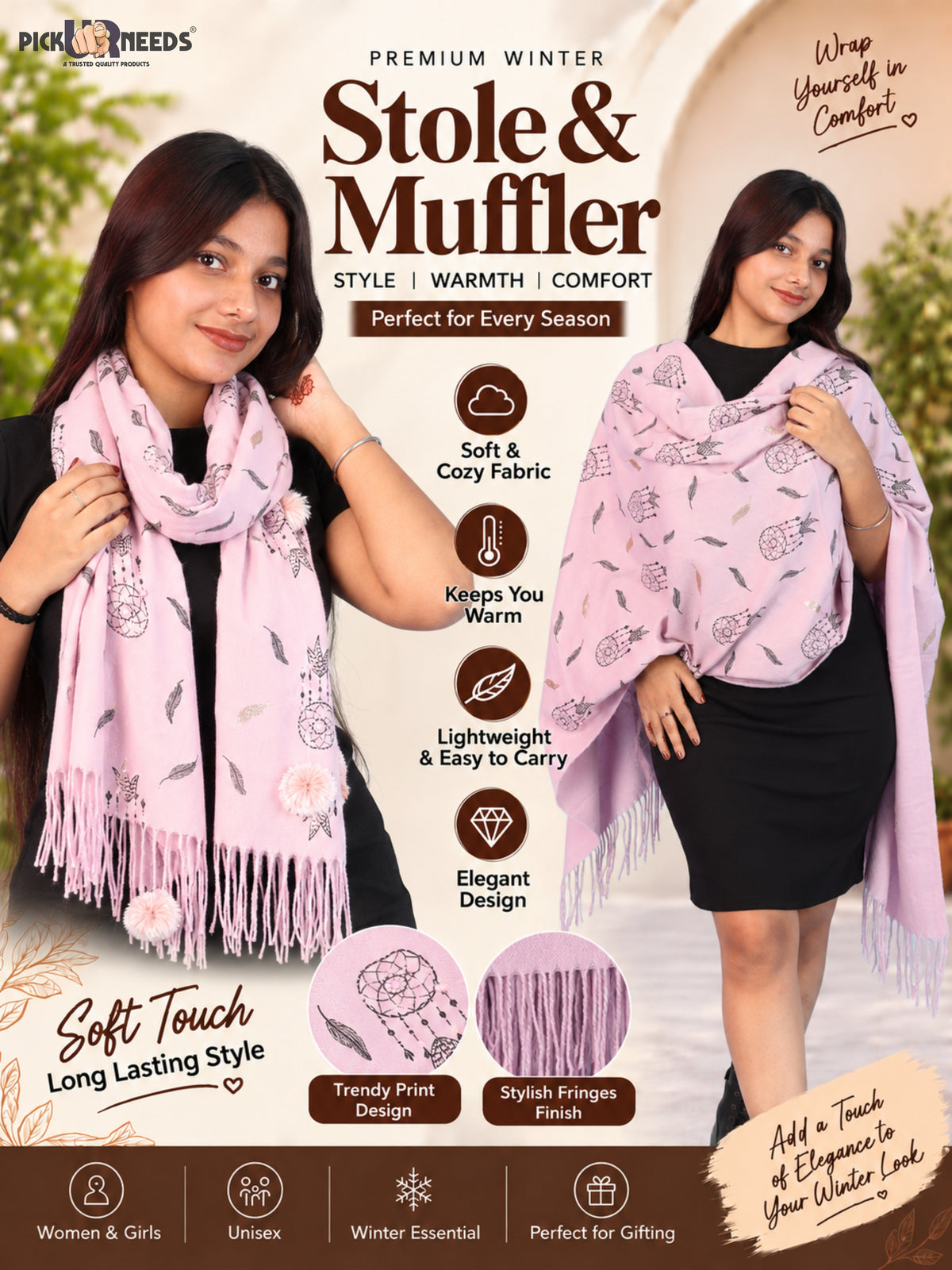 Pick Ur Needs Womens & Girls Muffler & Scarf with Elegant Dreamcatcher Print Soft Warm Lightweight Winter Neck Wrap with Stylish Fringes