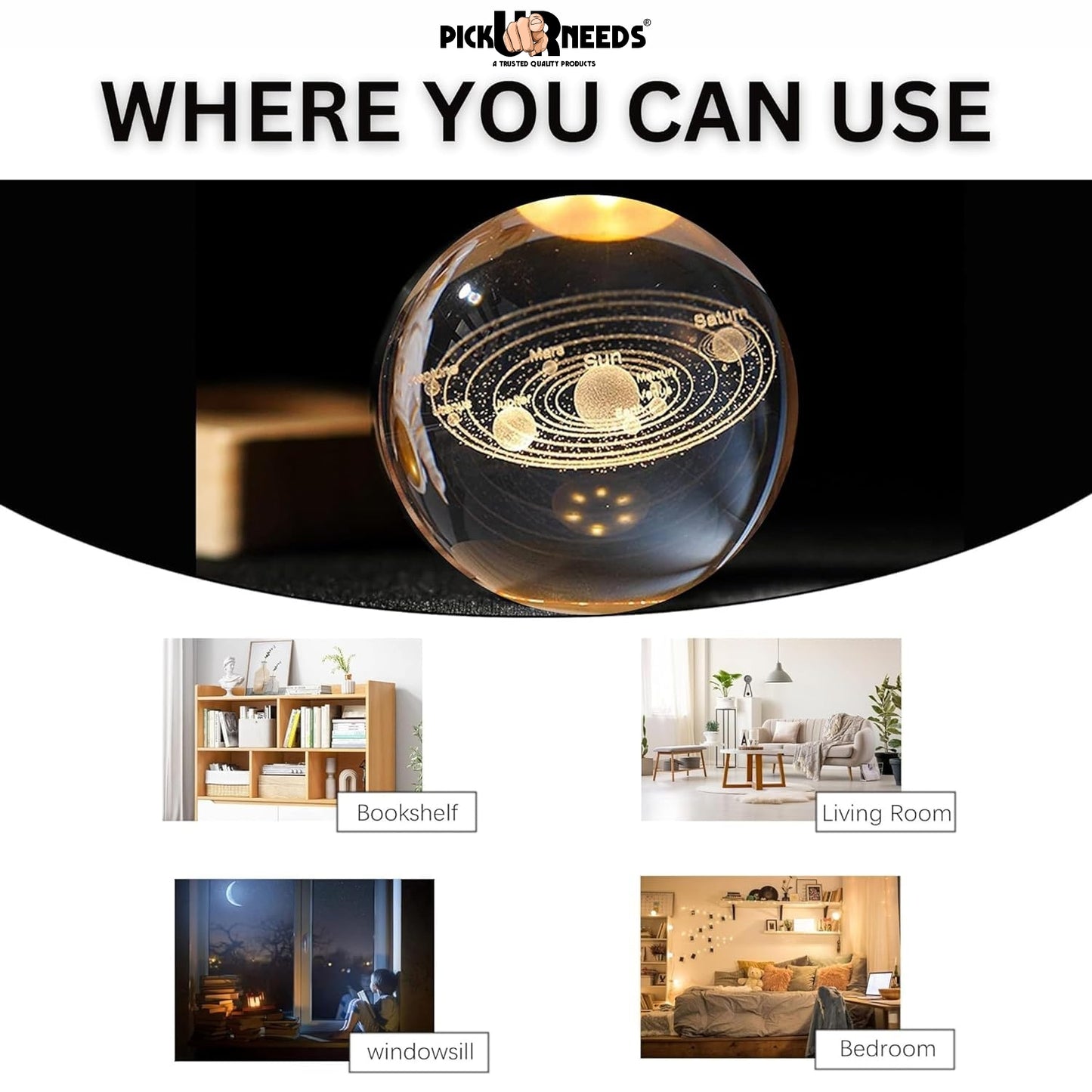 Pick Ur Needs 3D Galaxy Laxmi Ganesh Crystal Ball Night Light– Beech Wood Base– Decor for Home Night Lamp  (9.5 cm, Gold)