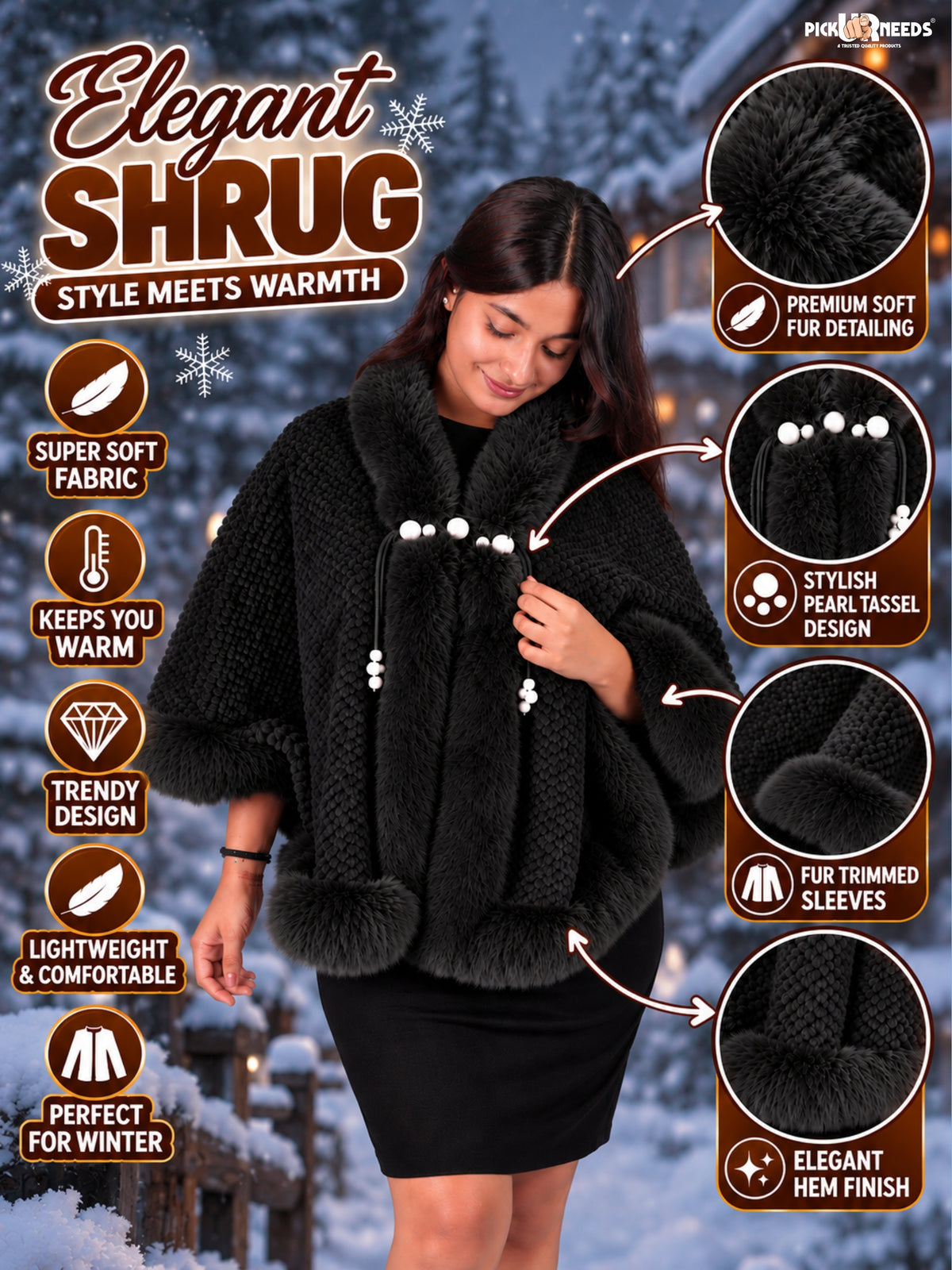 Pick Ur Needs Ladies Winter Shrug with Plush Fur Style Border & Pearl Bead Accents Textured Soft Fabric Open Front Cape Poncho with Wide Sleeves for Girls & Women