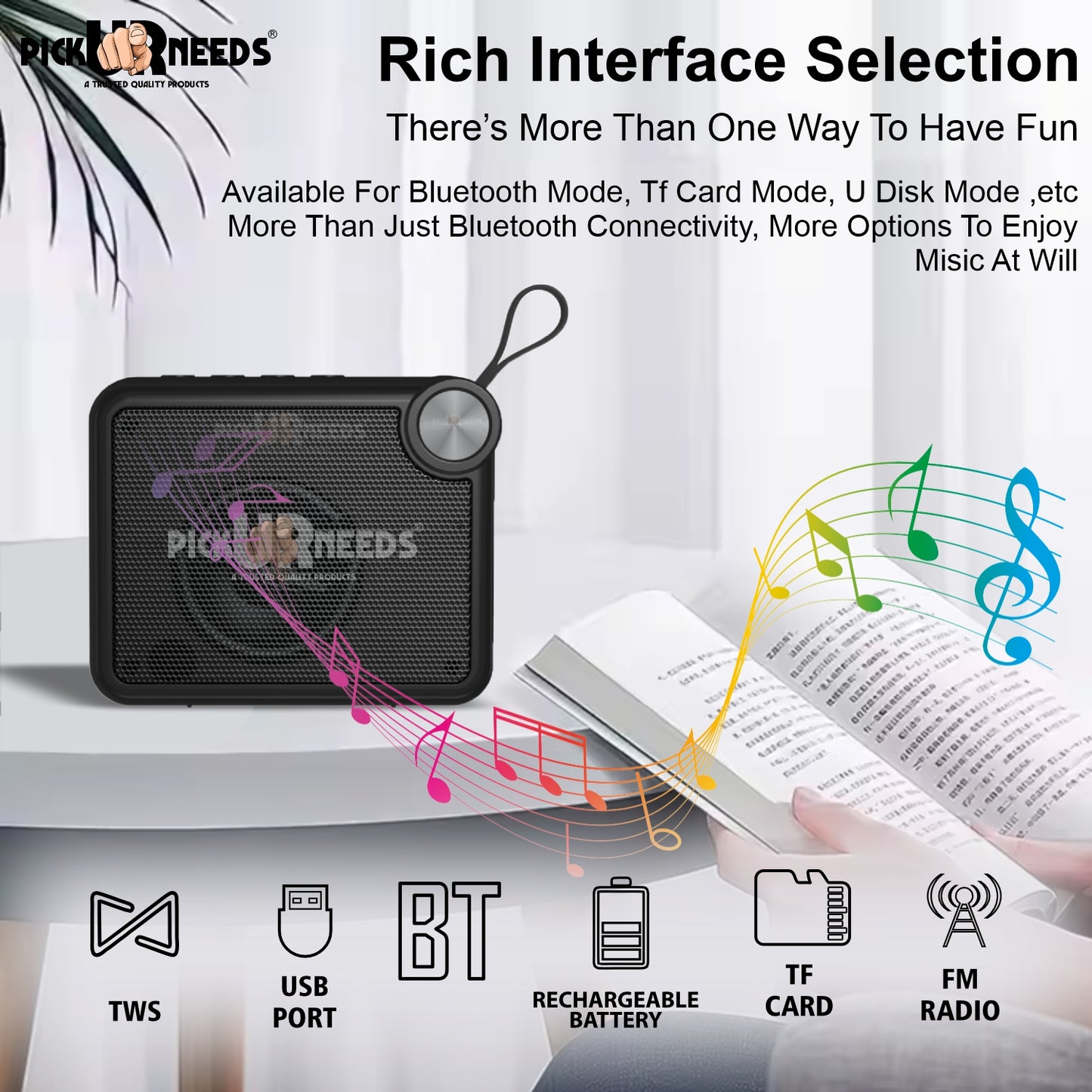 Pick Ur Needs Rechargeable Box Sound Wireless Speaker 5W – TWS, 4H Playback, TF/SD/USB/FM 5 W Bluetooth Speaker  (Black, 5.0 Channel)