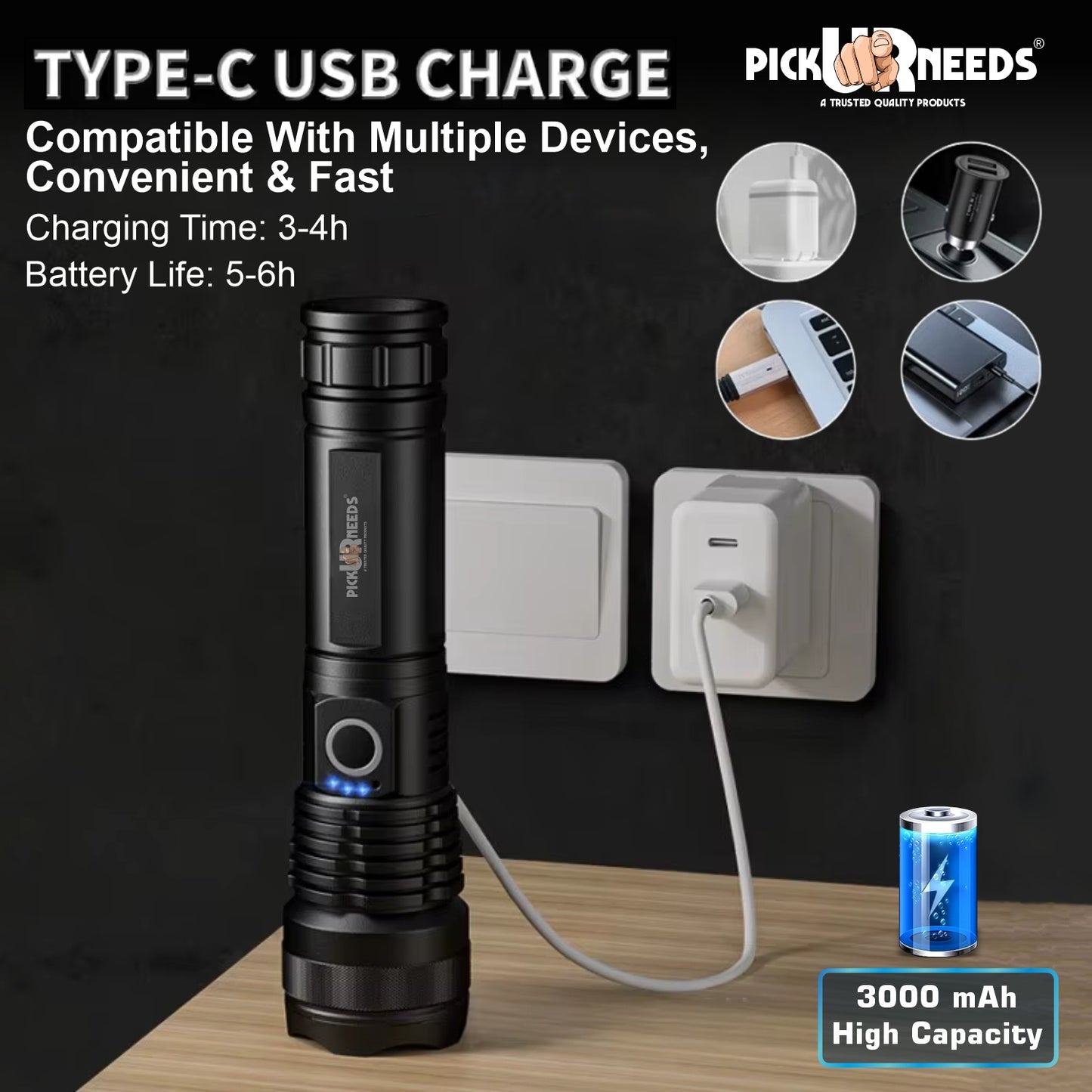 Pick Ur Needs 100W High Power Rechargeable Flashlight with 3000mAh Battery, 5 Lighting Modes 5 hrs Torch Emergency Light