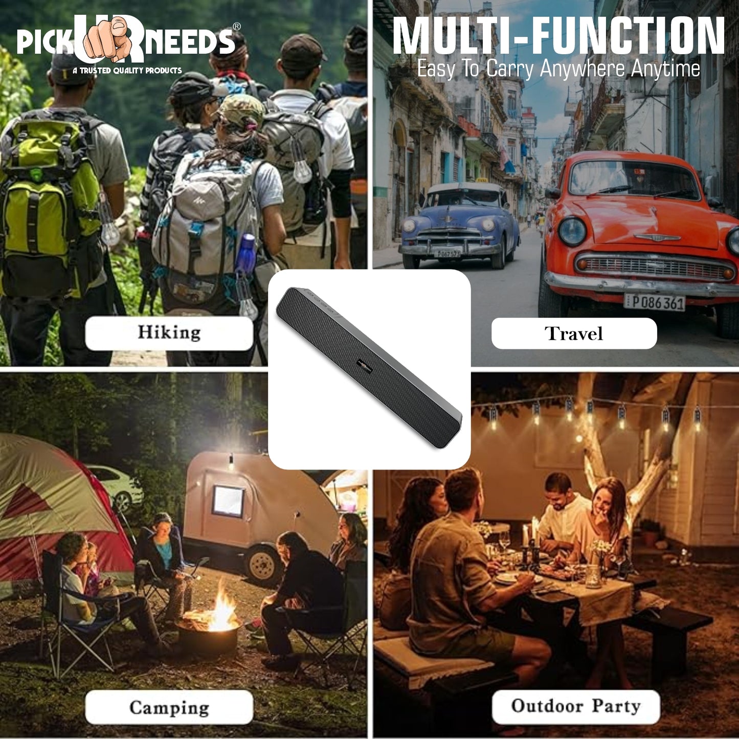 Pick Ur Needs 10W Portable Rechargeable Bluetooth Speaker with 1200mAh Battery – 4 Hours Playtime, Fm Radio/AUX/USB/TF Card Support, Wireless Soundbar