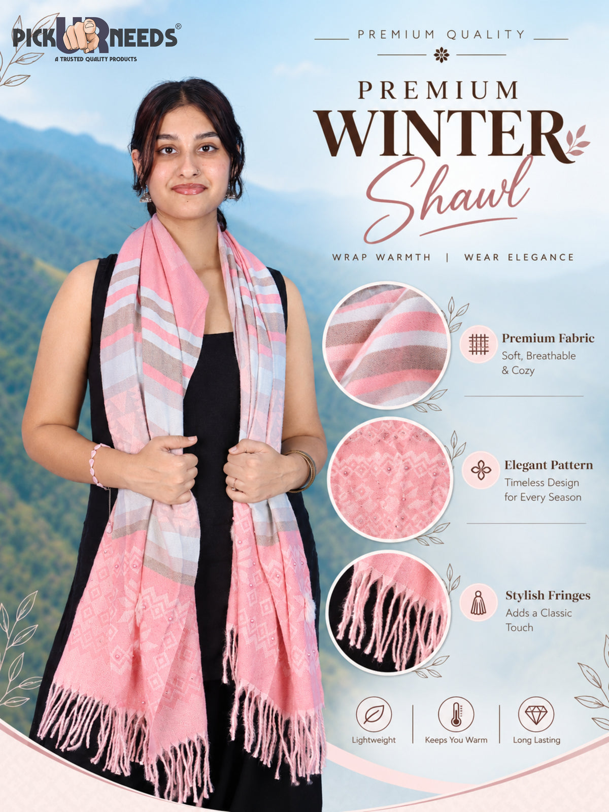 Pick Ur Needs Women Winter Shawl Stole – Soft Warm Printed Wrap with Decorative Tassels, Stylish Winter Girls Scarf