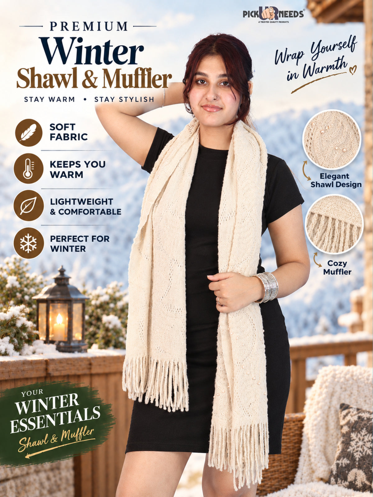 Pick Ur Needs Women & Girls Winter Warm Woolen Shawl Stole with Pearl Work & Fringes – Soft Stylish Wrap