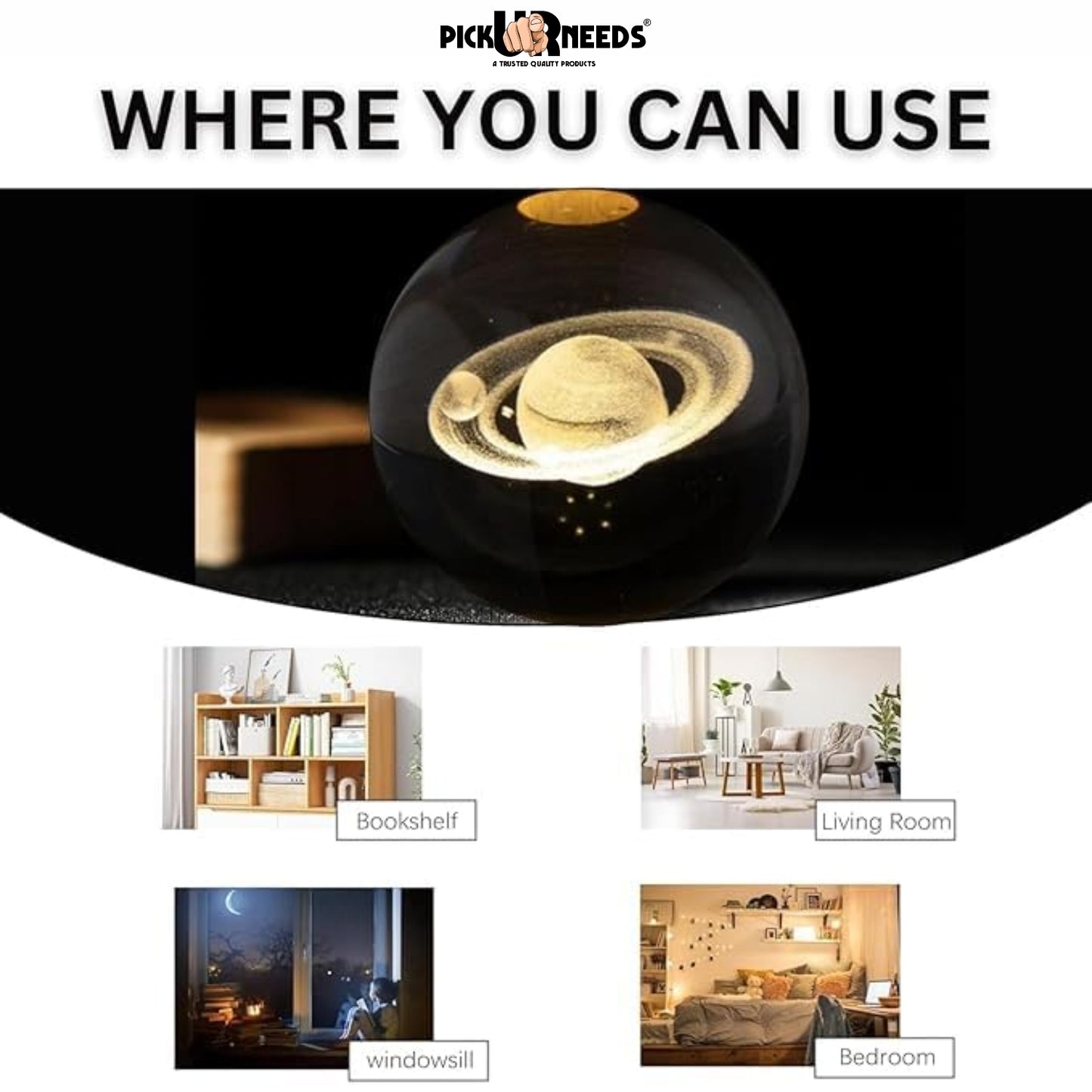 Pick Ur Needs 3D Galaxy Laxmi Ganesh Crystal Ball Night Light– Beech Wood Base– Decor for Home Night Lamp  (9.5 cm, Gold)