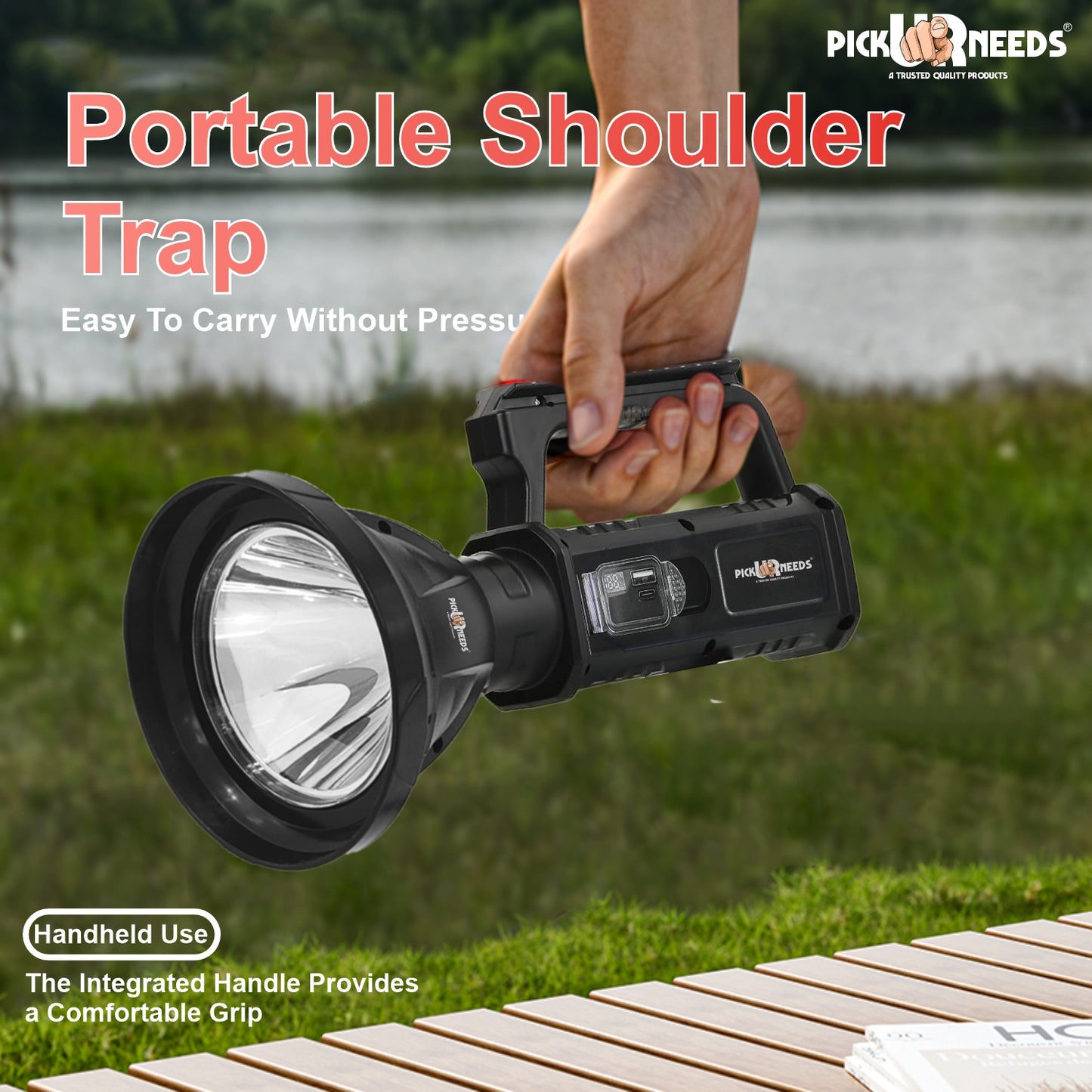 Pick Ur Needs LED 100W LongRange Search Torch With 4 Modes, Multi Purpose, Handheld,Waterproof Torch  (Black, 13 cm, Rechargeable)