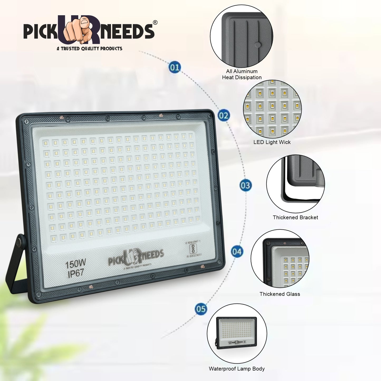 Pick Ur Needs 150W Lens Flood Light With Extension Bracket 180 Bright SMD LED IP67 Waterproof 0 hrs Flood Lamp Emergency Light  (White) Pack of 2