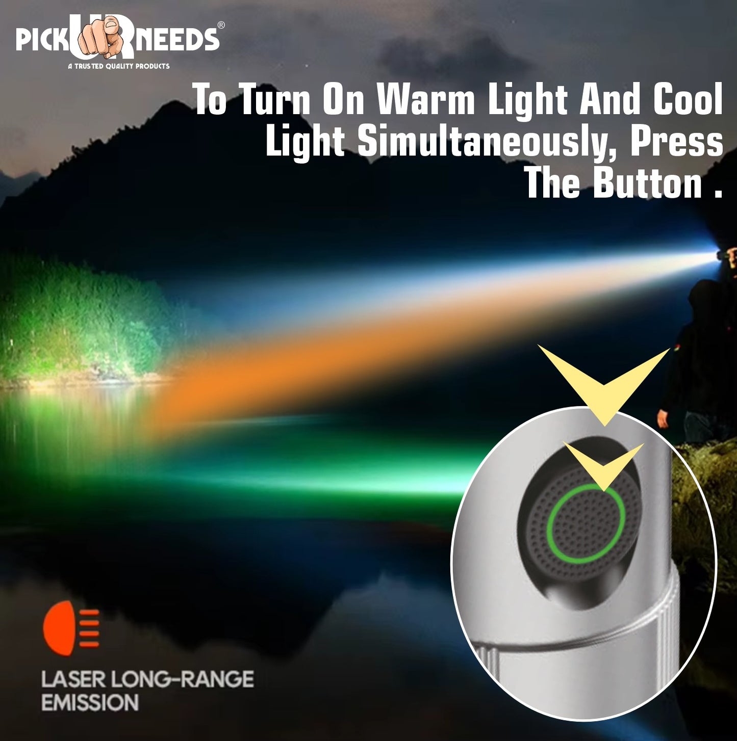 Pick Ur Needs 100W+100W LED Rechargeable Long Range Torch Light with 5 Lighting Modes Flashlight 1500mAh Battery Searchlight for Camping, Outdoor, Hiking, Emergency Use