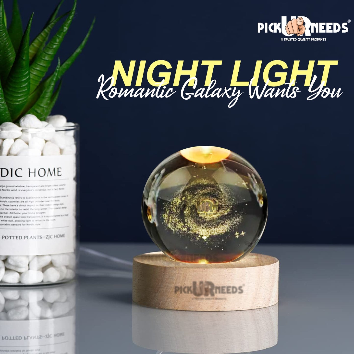 Pick Ur Needs 3D Galaxy Laxmi Ganesh Crystal Ball Night Light– Beech Wood Base– Decor for Home Night Lamp  (9.5 cm, Gold)
