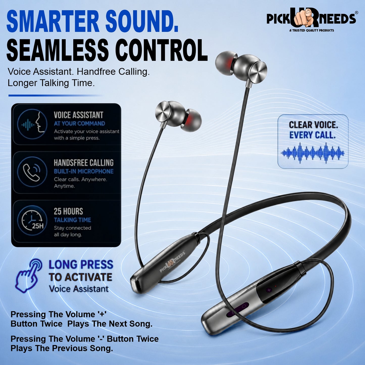 Bluetooth Wireless Neckband Earphones with Deep Bass Lightweight 40hrs Playtime