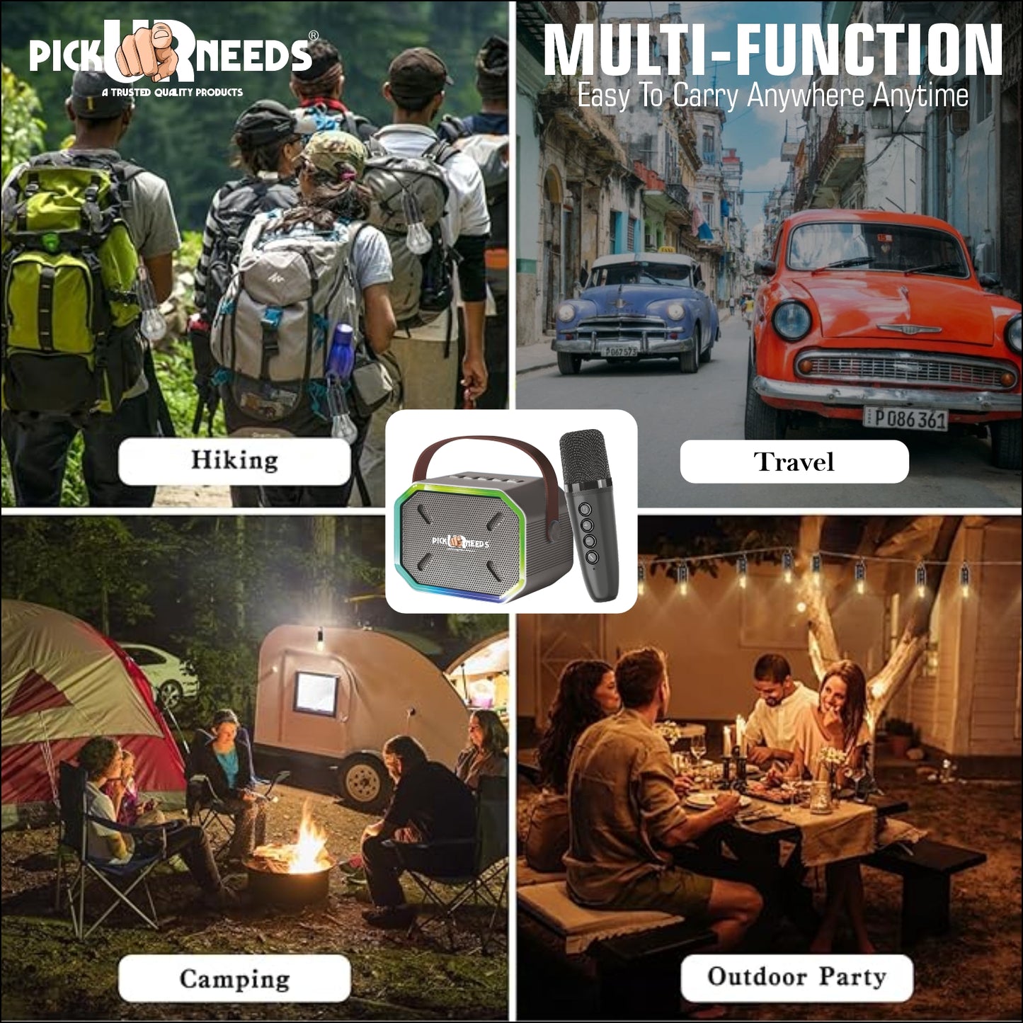 Pick Ur Needs 15W Portable Bluetooth Karaoke Speaker with Mic, 2000mAh Battery, Type-C Charging, RGB Lights, TF Card, Stereo Sound – Wireless Karaoke System (Black)