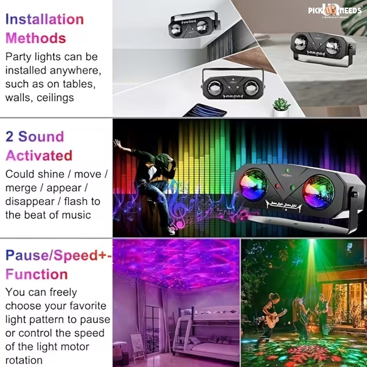 Pick Ur Needs Dual Lens Party Light Projector with Remote – Sound Activated LED Disco Ball Light with RGB Laser & Strobe Effects for Home Party, Club, DJ, Wedding, Stage Lighting – Plug & Play